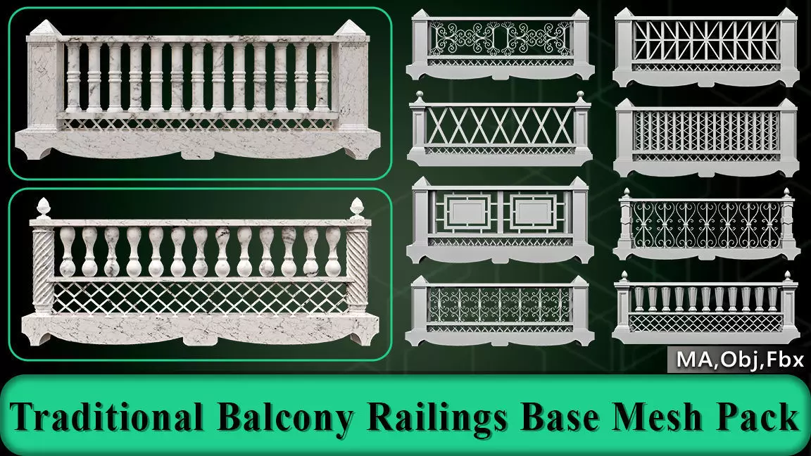 60 Traditional Balcony Railings Base Mesh pack Low-poly 3D model_0