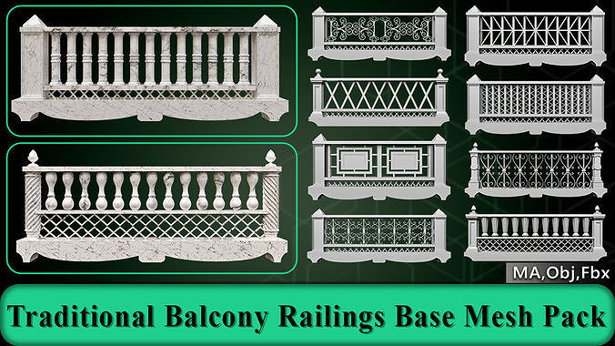 60 Traditional Balcony Railings Base Mesh pack Low-poly 3D model