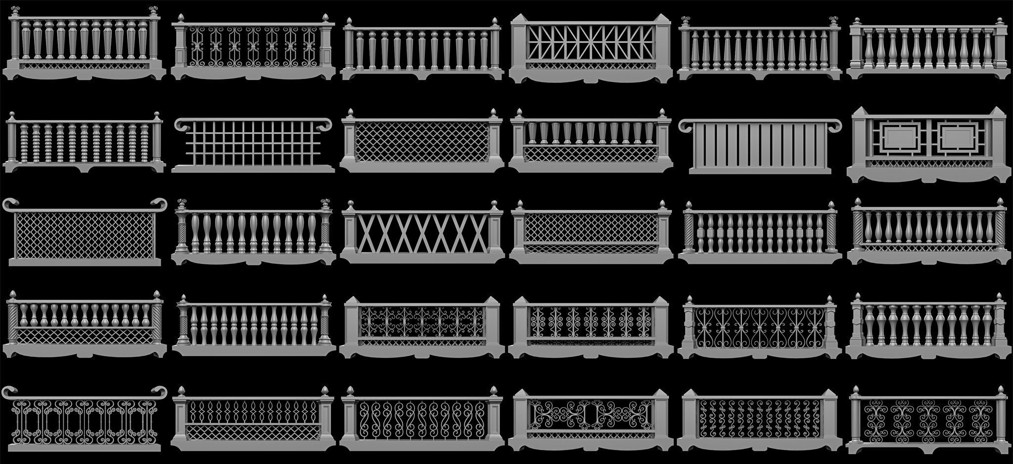 60 Traditional Balcony Railings Base Mesh pack Low-poly 3D model_1
