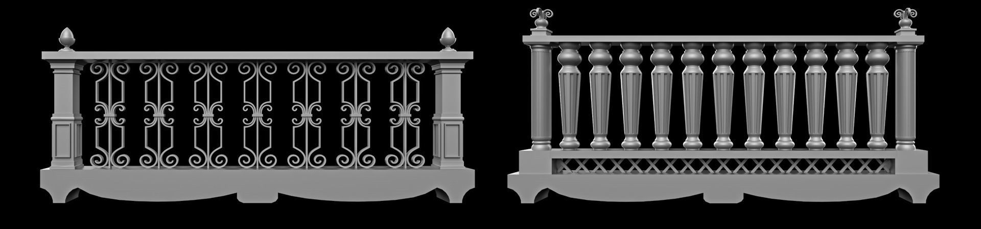 60 Traditional Balcony Railings Base Mesh pack Low-poly 3D model_18