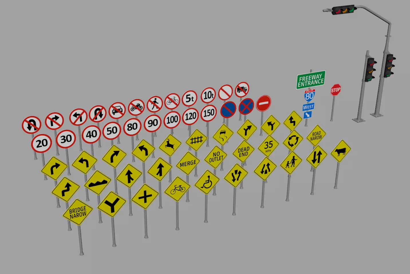 Traffic signs pack Low-poly 3D model_0