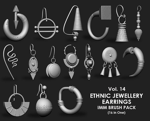 Ethnic Jewellery Earrings IMM Obj Brush Pack 16 in One Vol 14 3D model