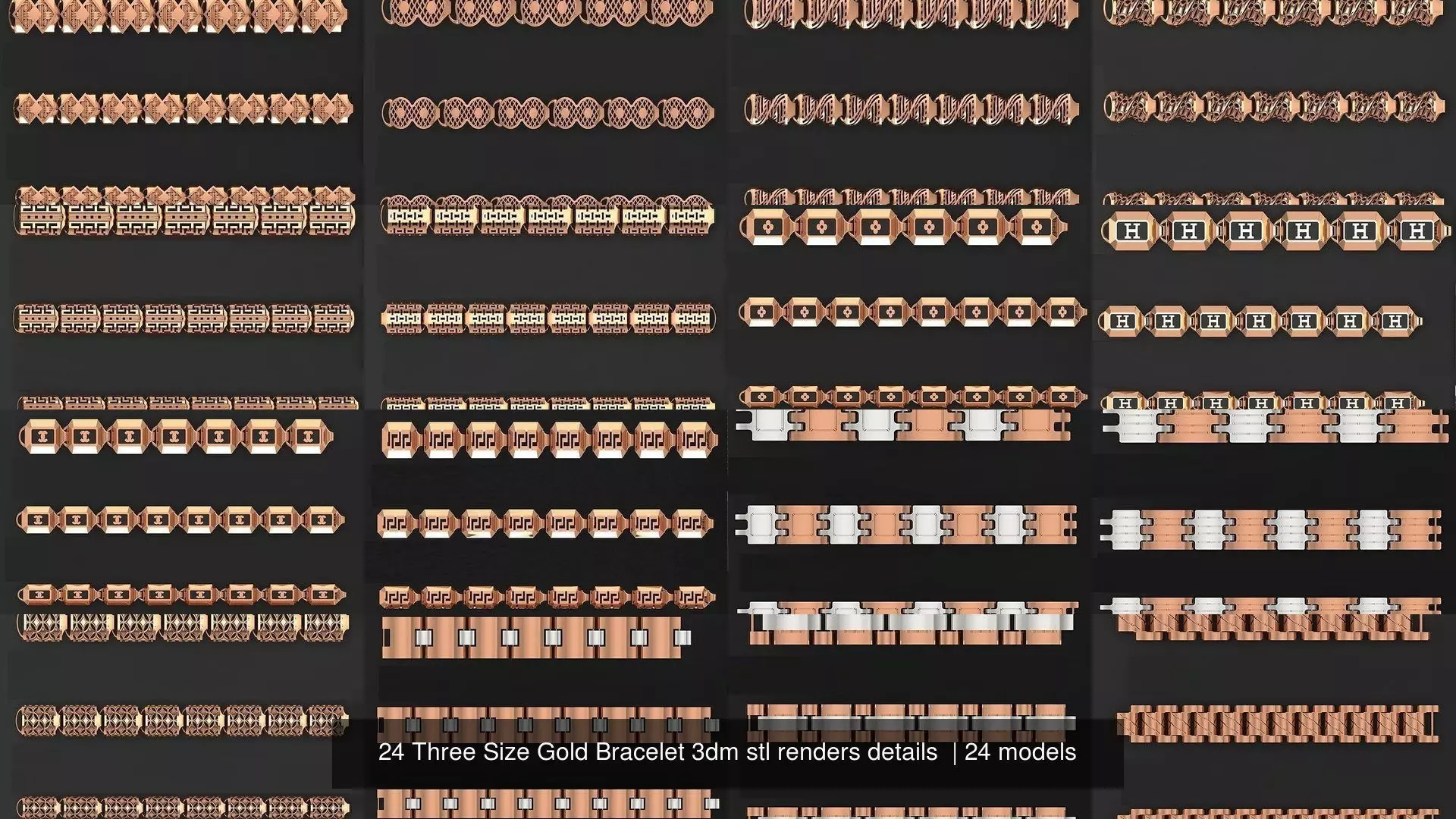 24 Three Size Gold Bracelet 3dm stl renders details 3D Model Collection_0