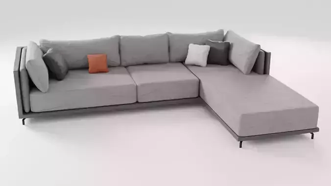 Fabric sofa on a wooden base in gray tones