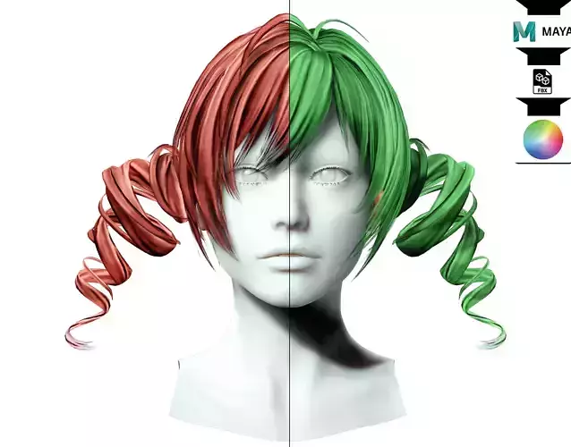 Female Hair- Spiral Spring Curly Pigtails Low-poly 3D model