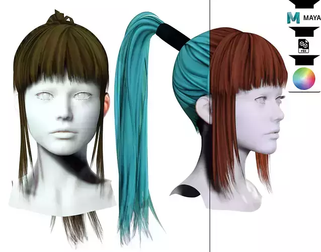 Female Ponytail Hair -Samurai Style Low-poly 3D model