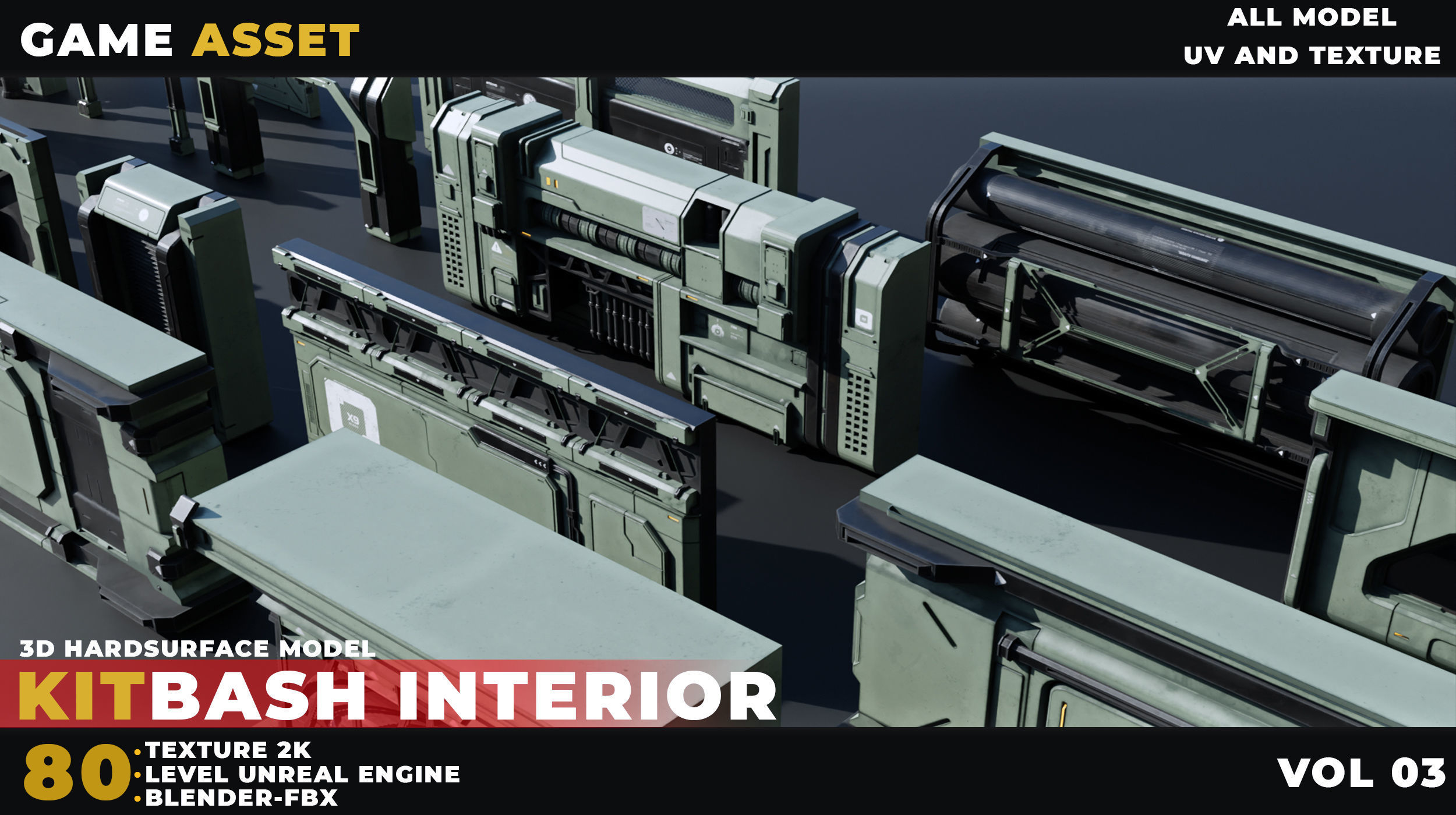 80 Sci-Fi Props Interior Kitbash UnrealEngine VOL 03 Low-poly 3D model_4
