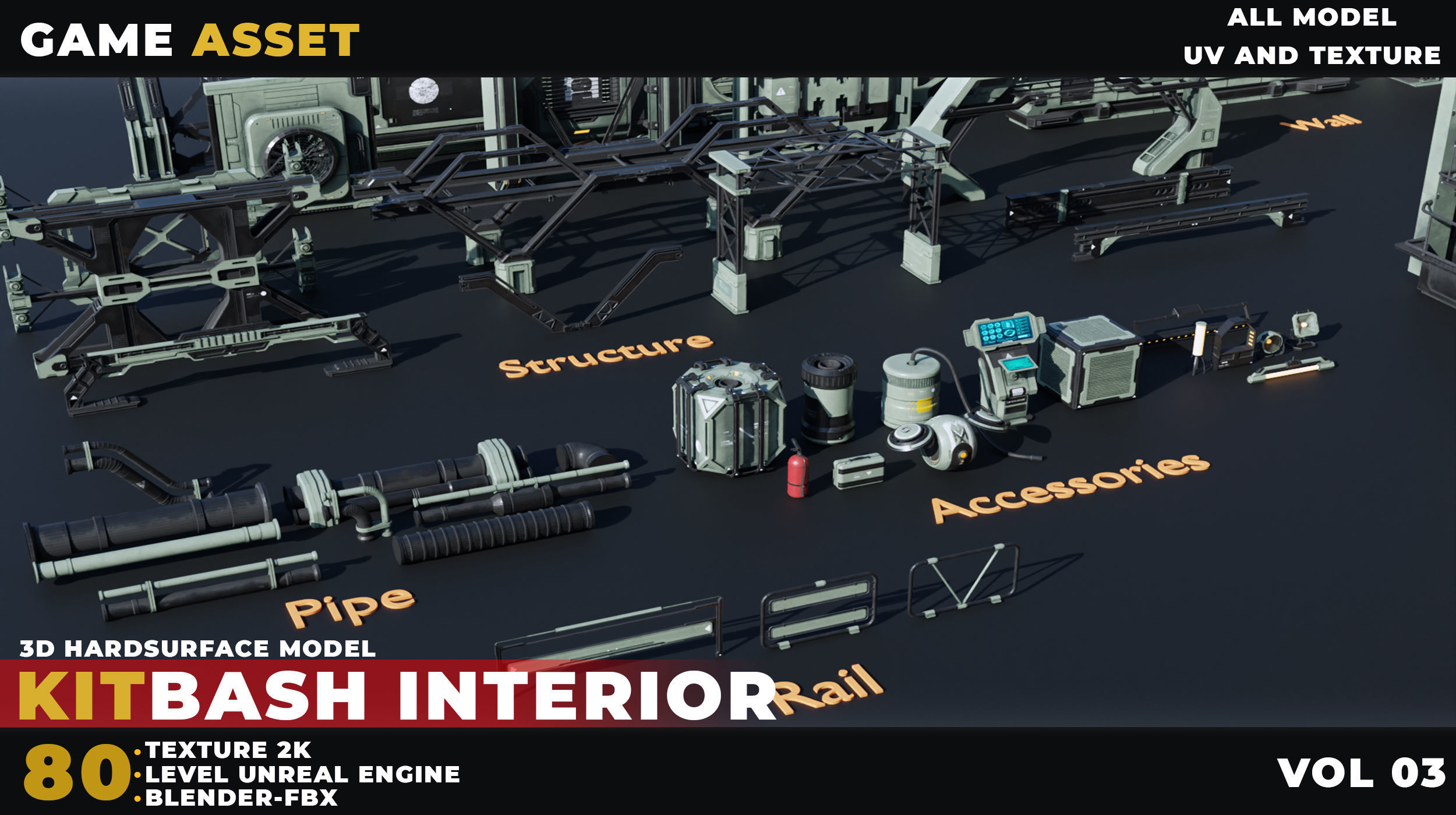 80 Sci-Fi Props Interior Kitbash UnrealEngine VOL 03 Low-poly 3D model_2