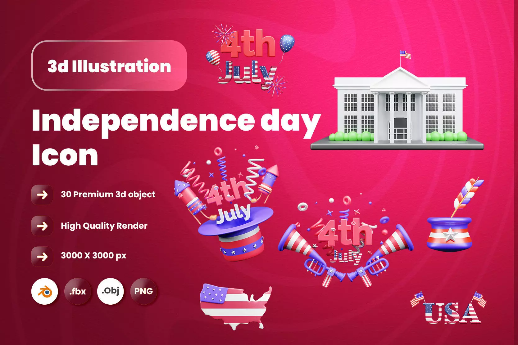 Independence day 3d Illustration  Icon Pack  3D model_0