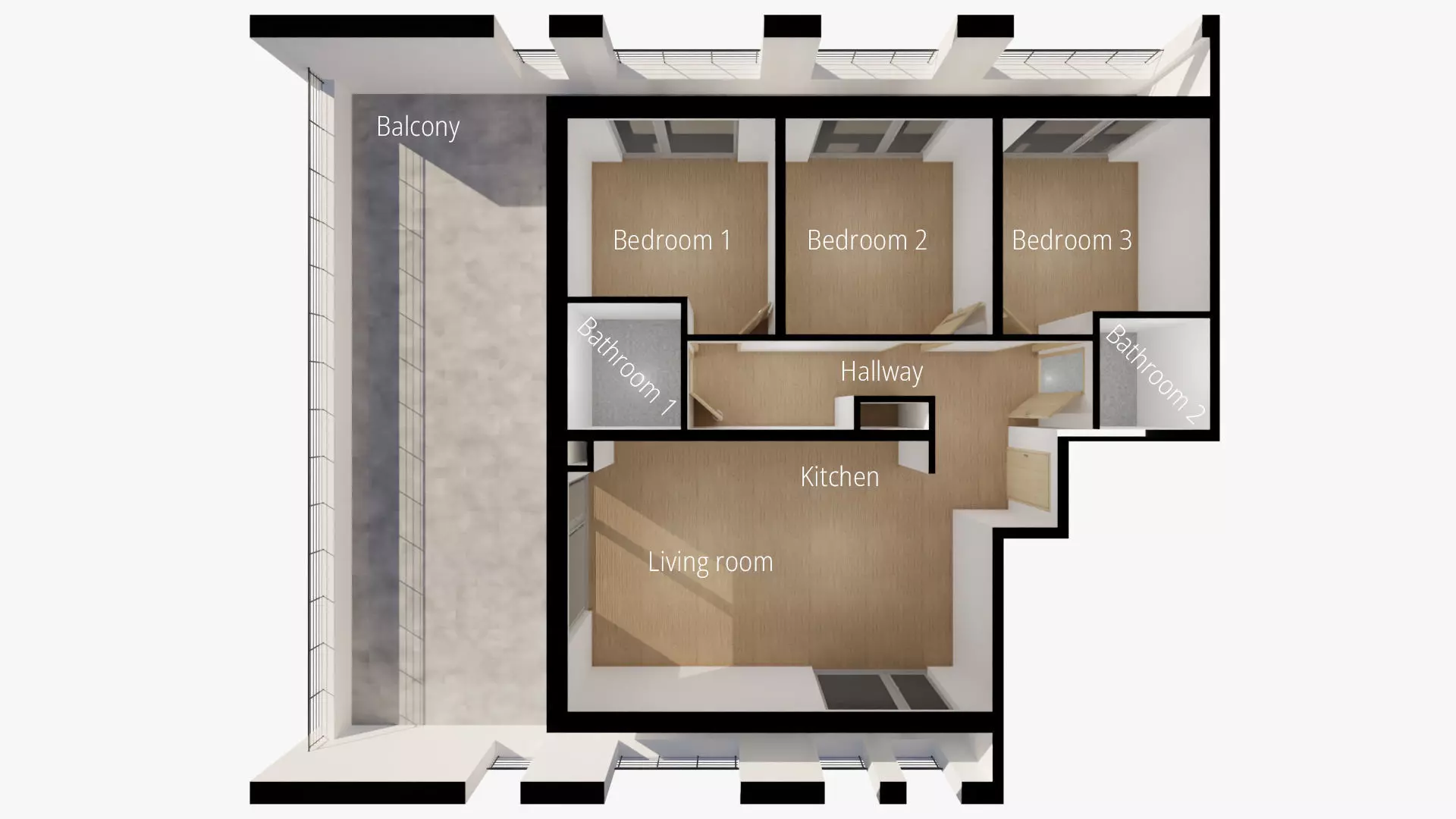 Empty 3 bedroom flat 3D model