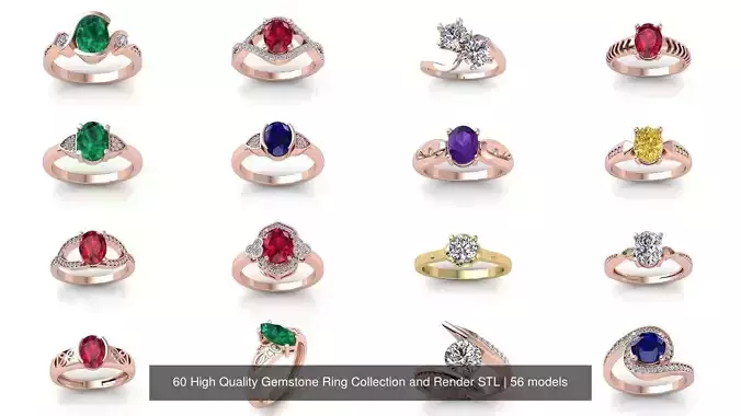 56 High Quality Gemstone Ring Collection and Render STL