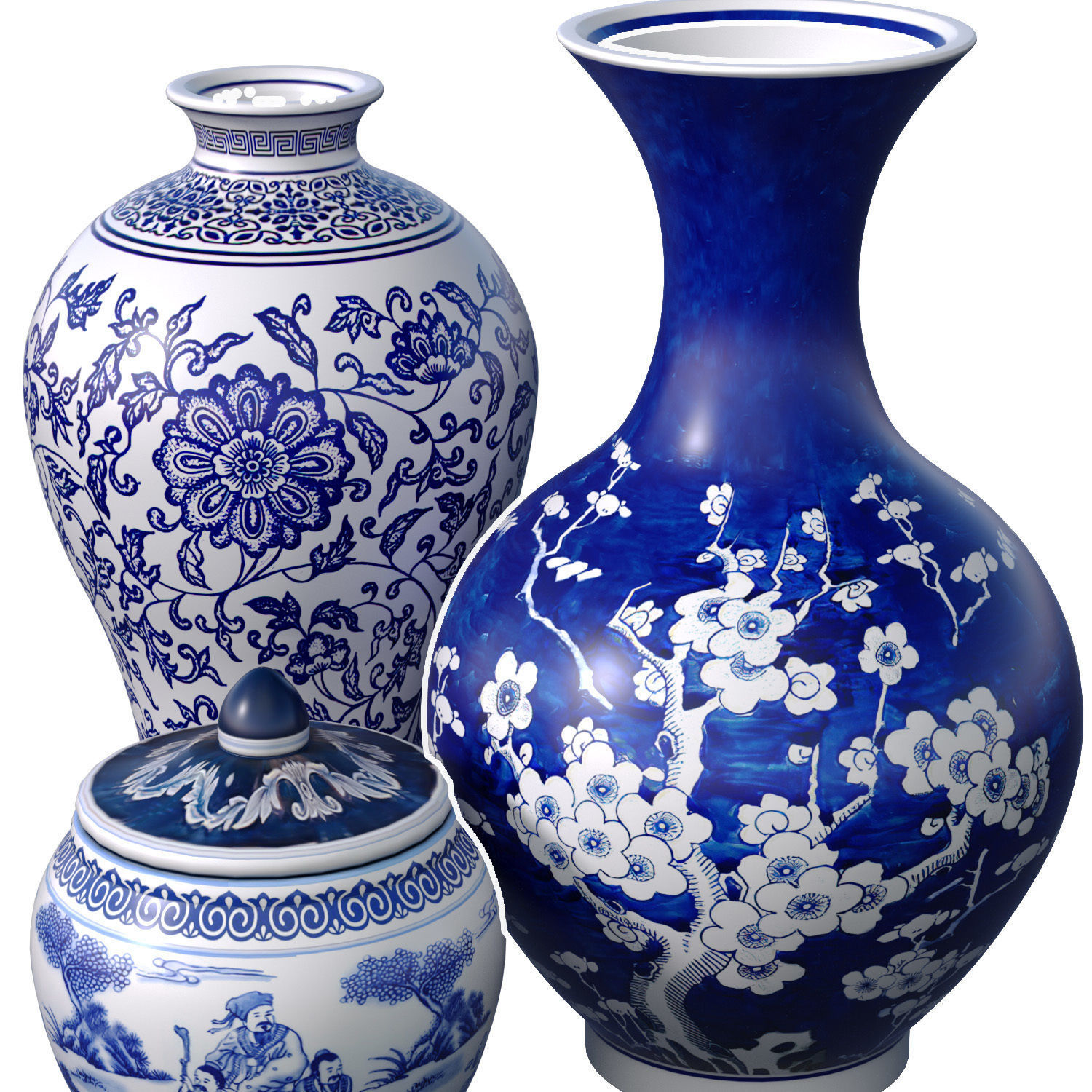 Chinese Style Porcelain Decorative Urn Vases Sakura 3D model_1