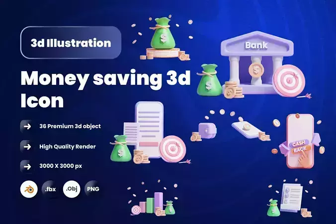 Money saving 3d Illustration  Icon Pack