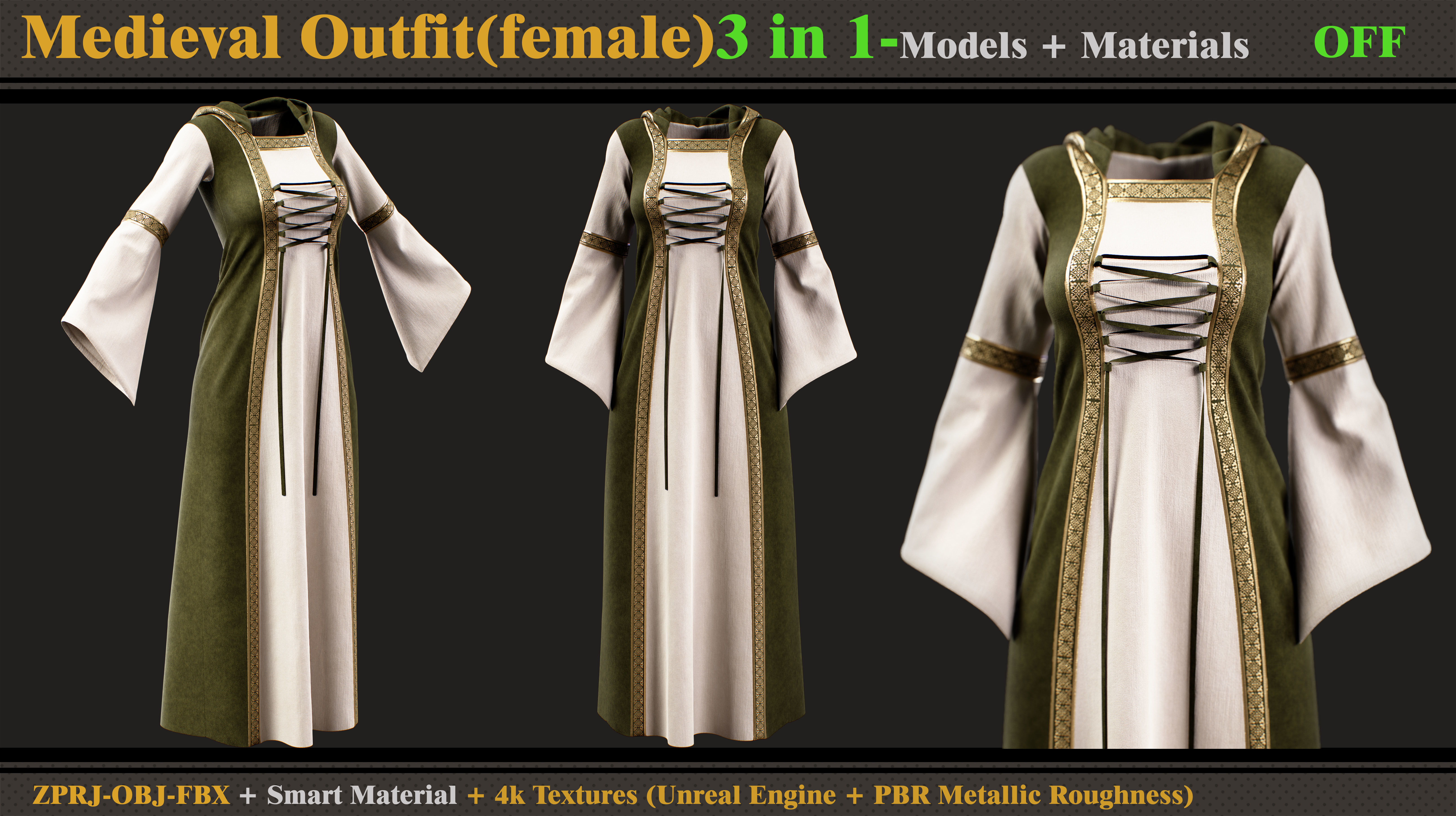 3 in 1 Medieval Outfit-MD-Clo3d-OBJ-FBX-Material -Textures  3D model_6