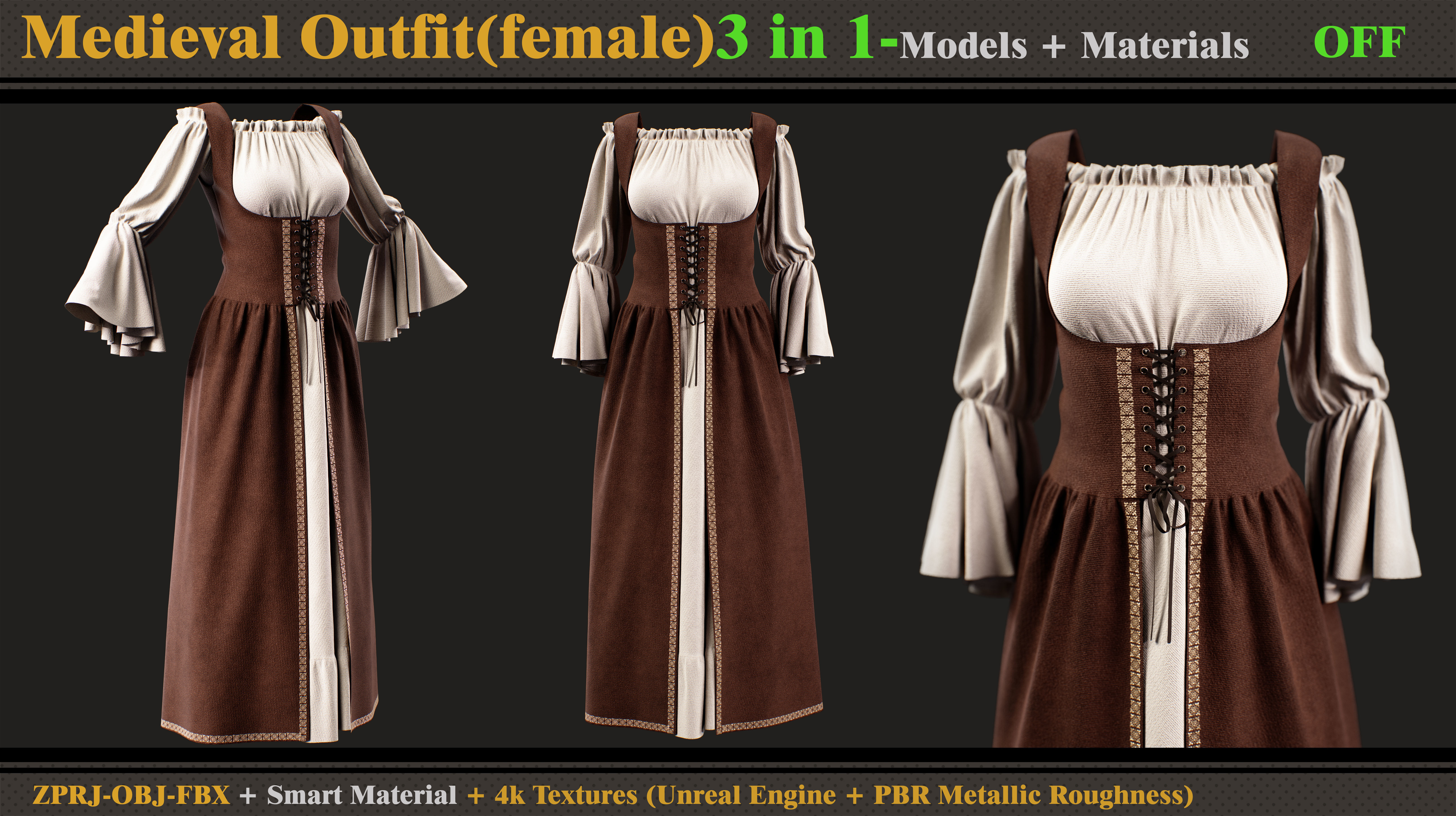 3 in 1 Medieval Outfit-MD-Clo3d-OBJ-FBX-Material -Textures  3D model_5