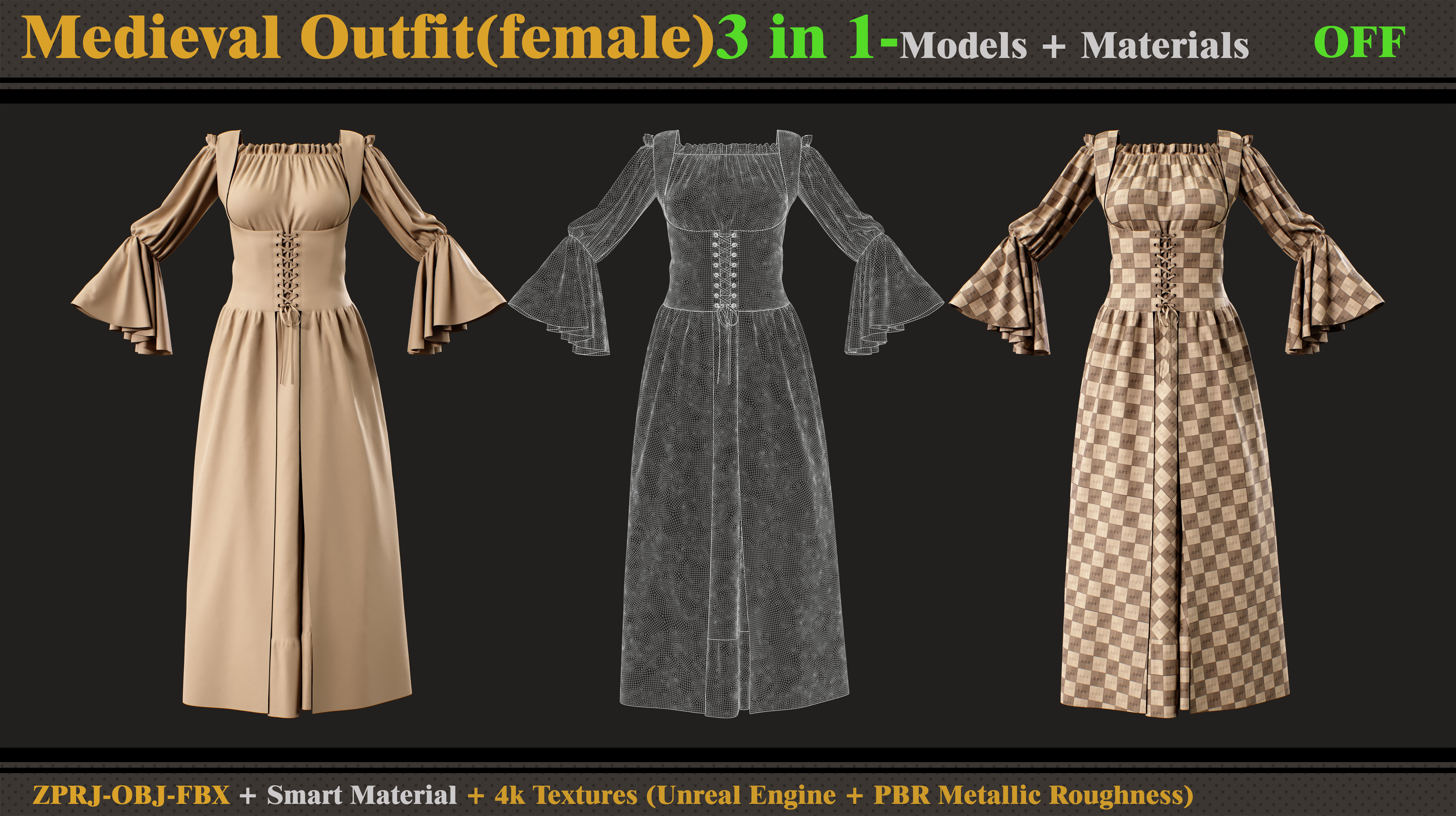 3 in 1 Medieval Outfit-MD-Clo3d-OBJ-FBX-Material -Textures  3D model_8