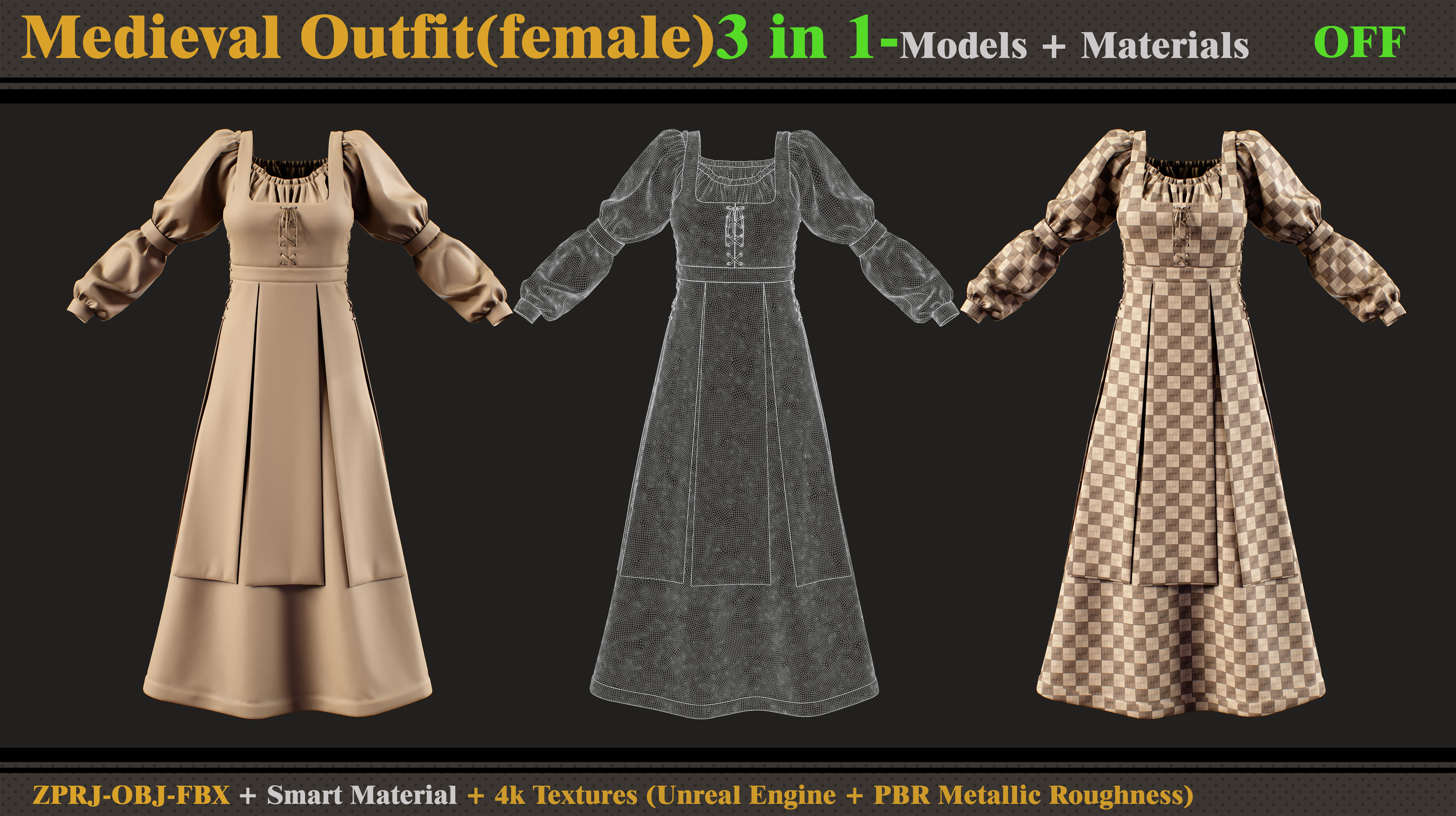 3 in 1 Medieval Outfit-MD-Clo3d-OBJ-FBX-Material -Textures  3D model_1