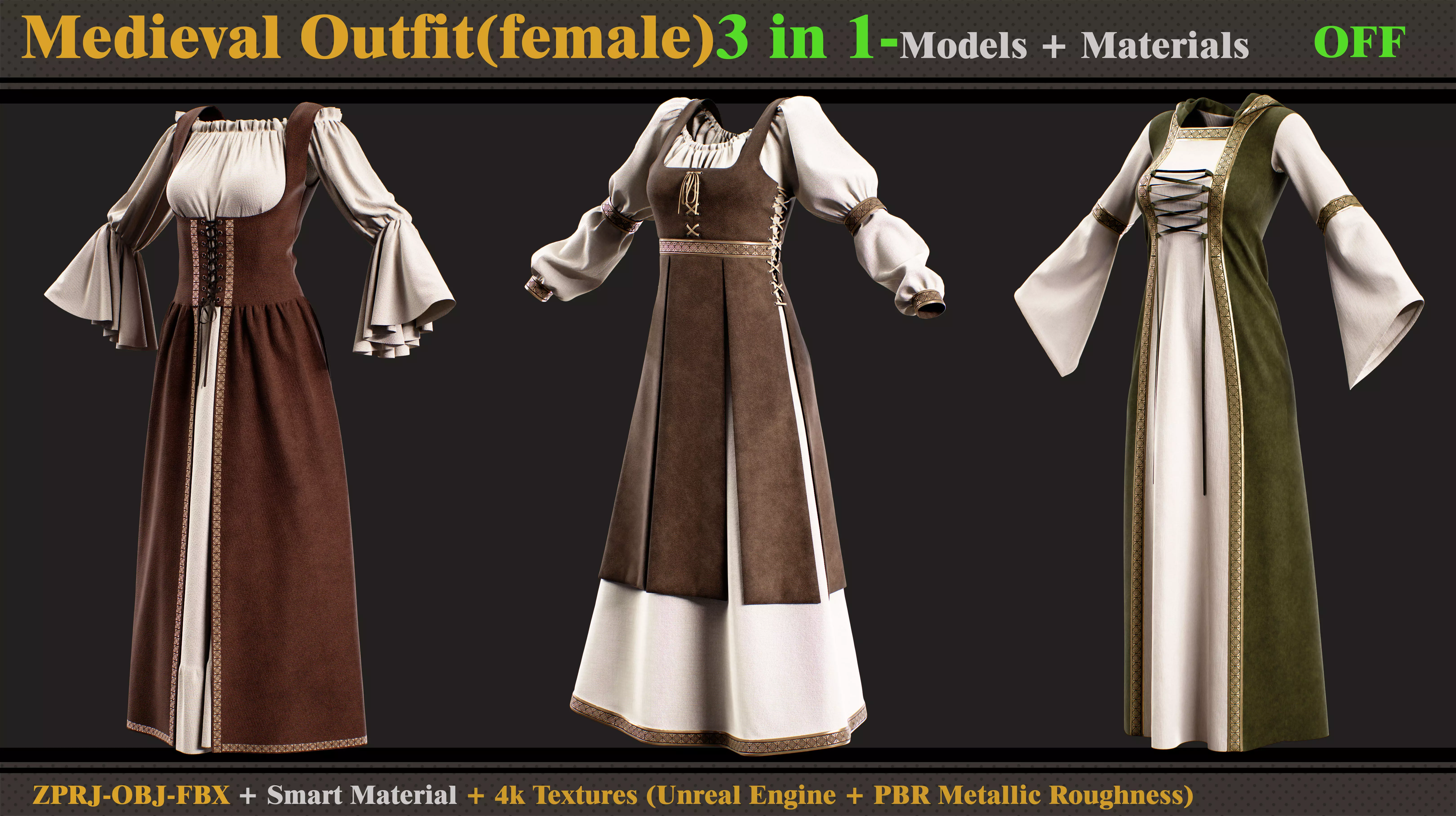 3 in 1 Medieval Outfit-MD-Clo3d-OBJ-FBX-Material -Textures  3D model_0