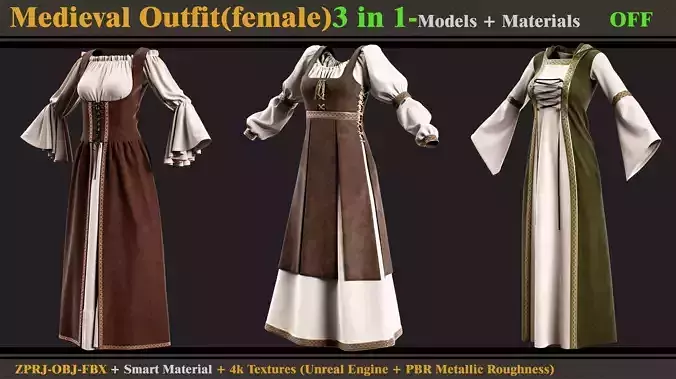 3 in 1 Medieval Outfit-MD-Clo3d-OBJ-FBX-Material -Textures 