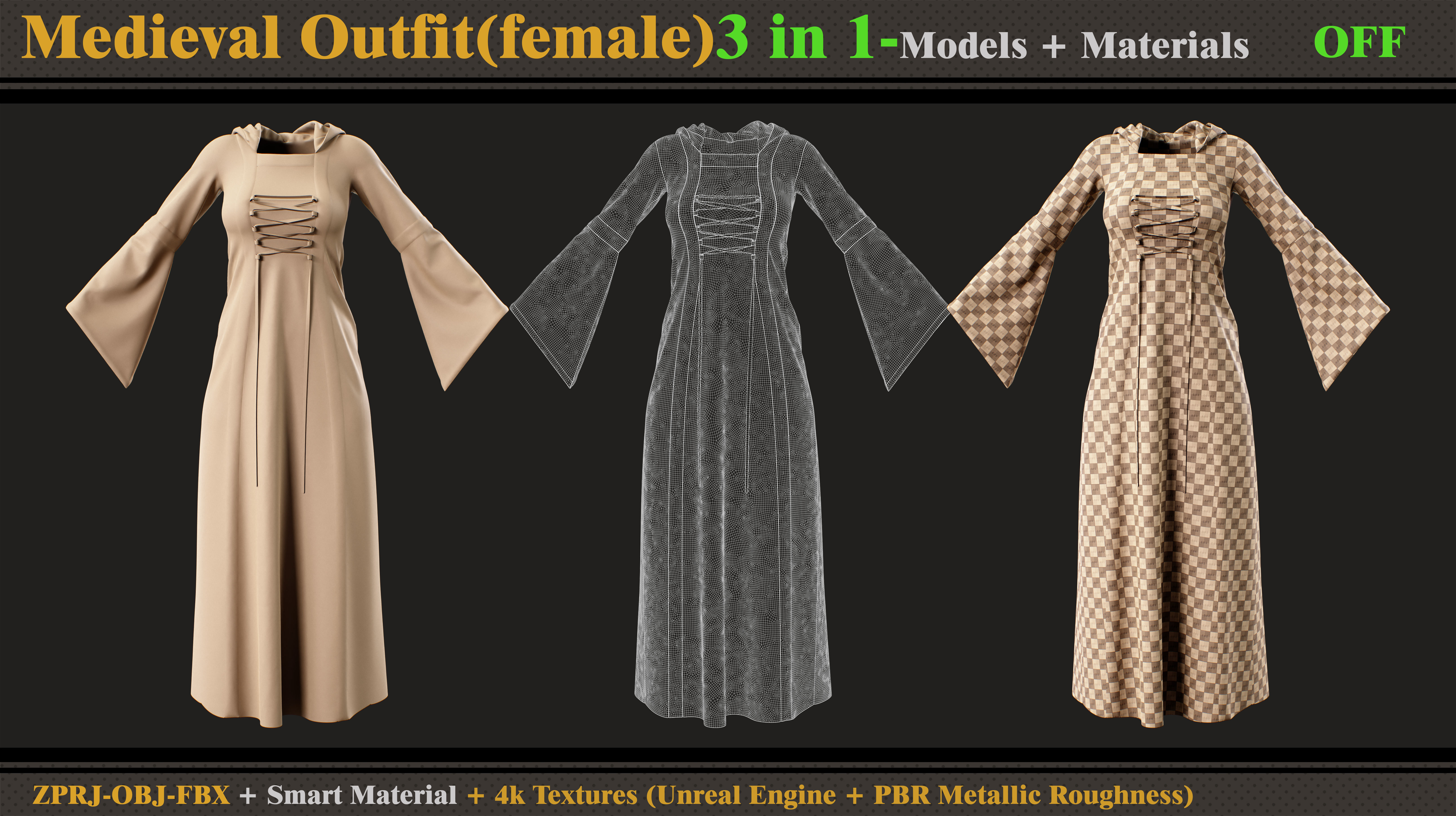 3 in 1 Medieval Outfit-MD-Clo3d-OBJ-FBX-Material -Textures  3D model_9