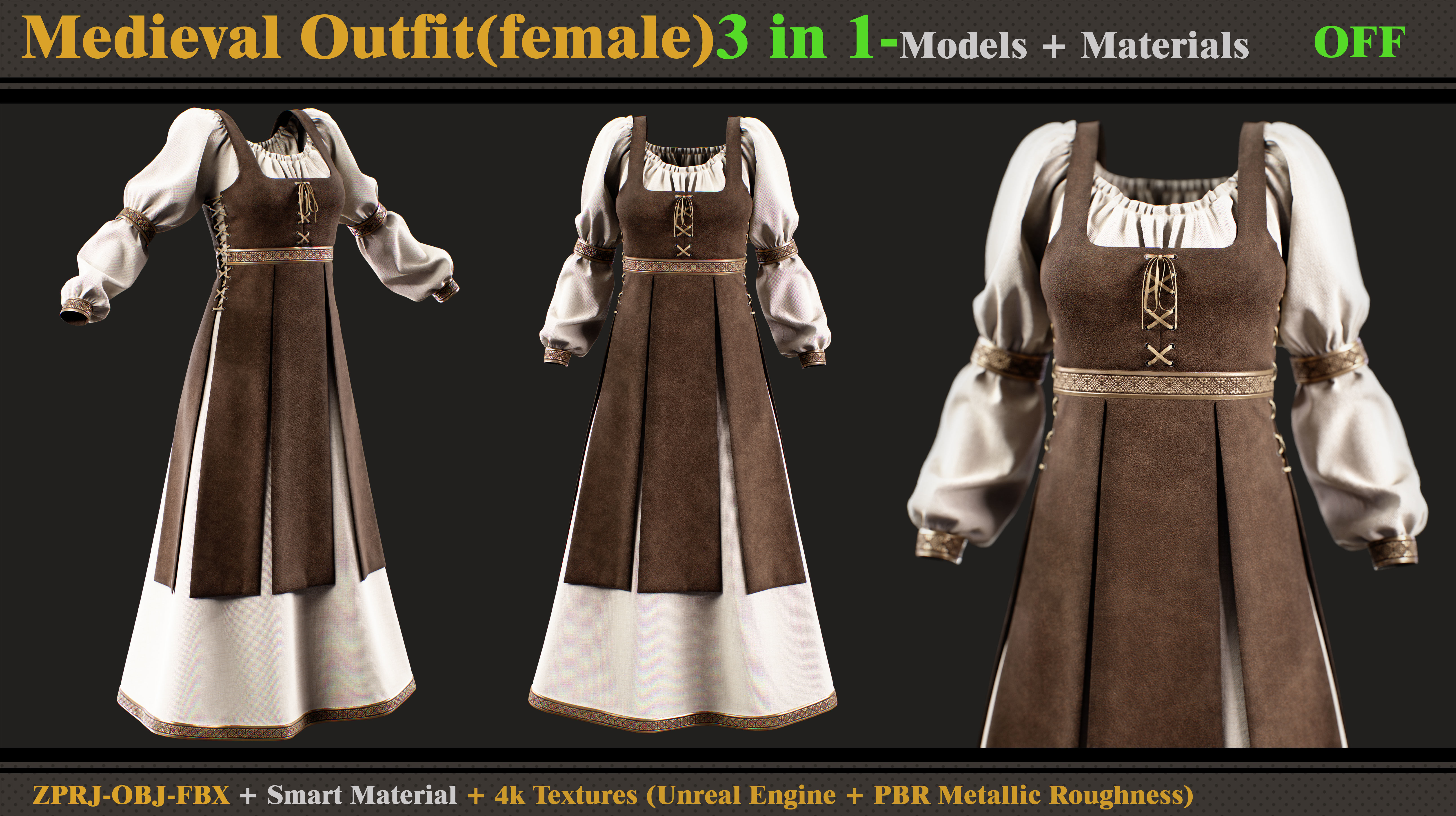 3 in 1 Medieval Outfit-MD-Clo3d-OBJ-FBX-Material -Textures  3D model_7
