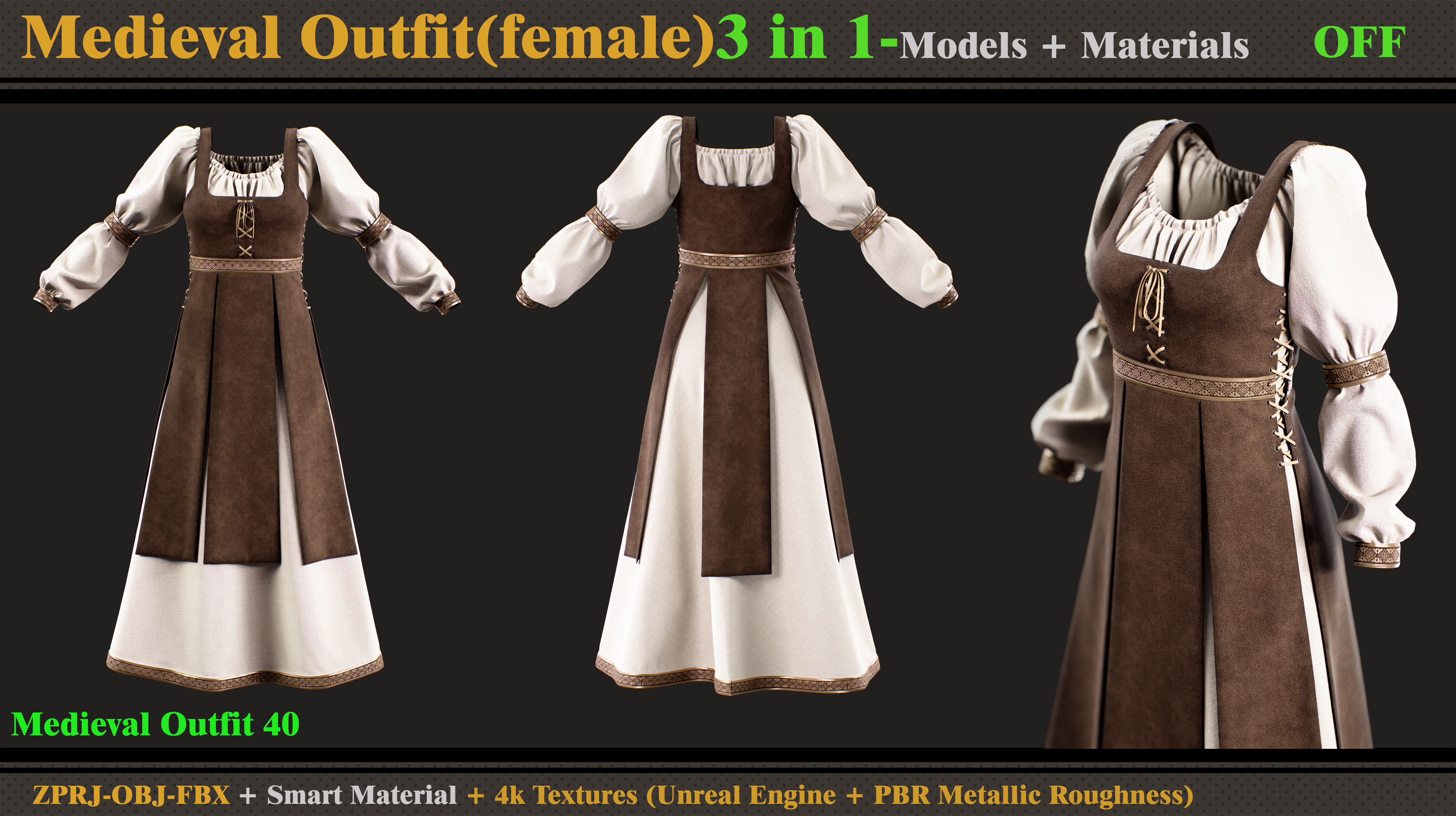 3 in 1 Medieval Outfit-MD-Clo3d-OBJ-FBX-Material -Textures  3D model_4