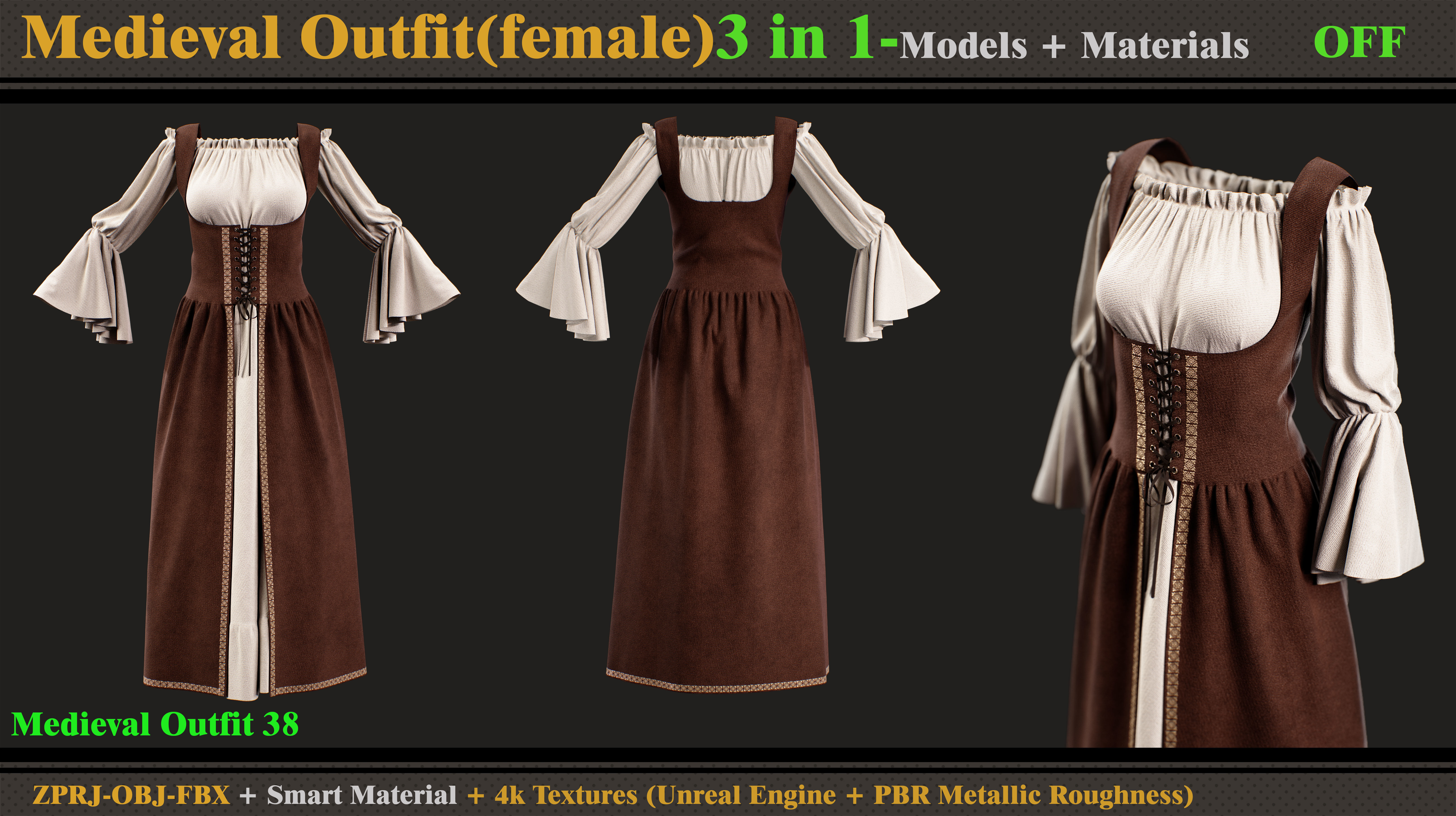 3 in 1 Medieval Outfit-MD-Clo3d-OBJ-FBX-Material -Textures  3D model_2