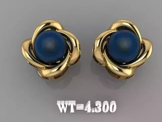 Gold Floral Stud Earrings with Blue Gemstone 3D Model