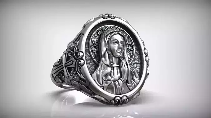 Virgin Mary Pray and Angels Gothic Cross Christian Ring 3D print model