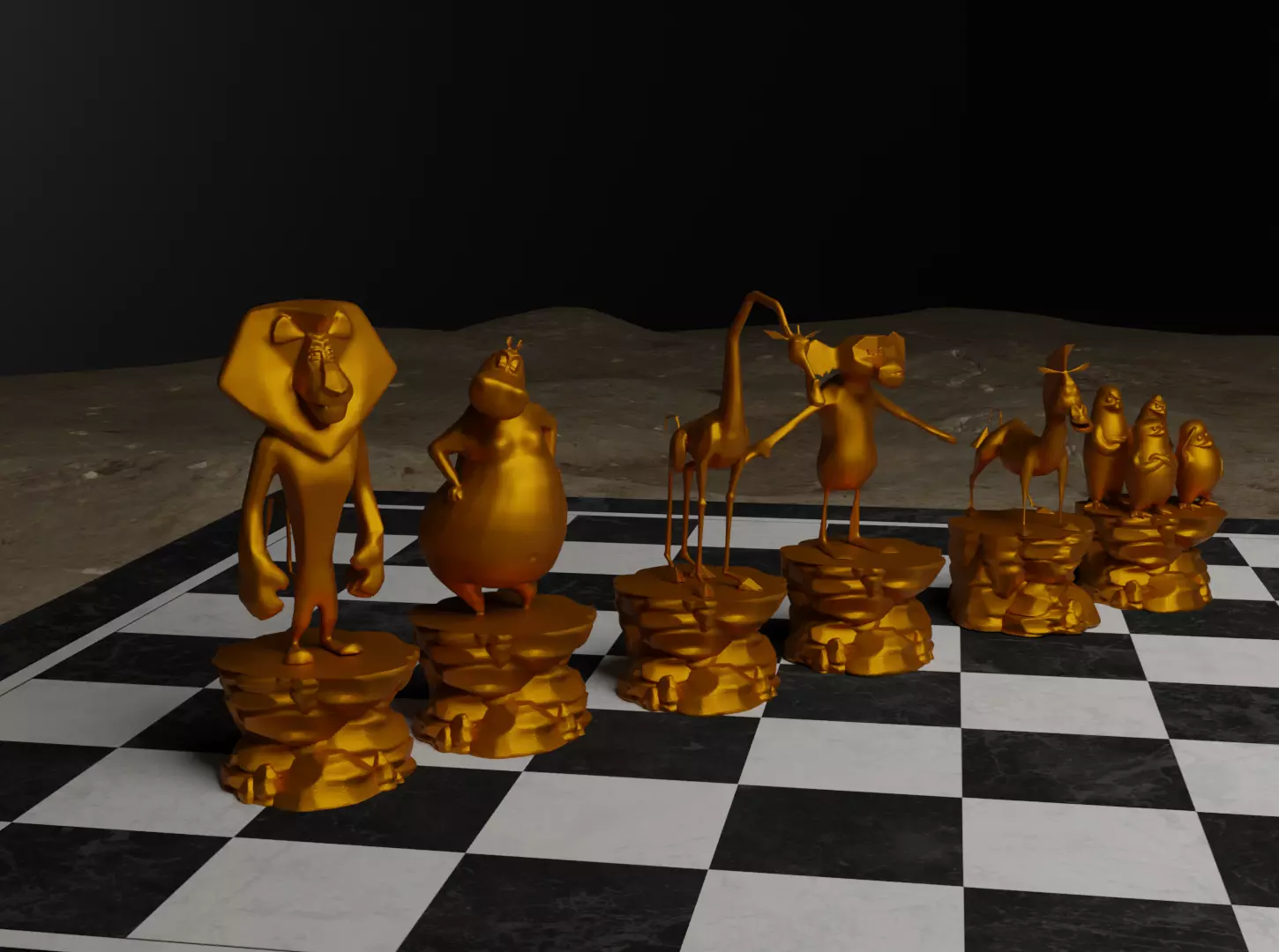 Cartoon Madagascar Zoo Animal Chess Set - 6 Chess Game Pieces 3D print model