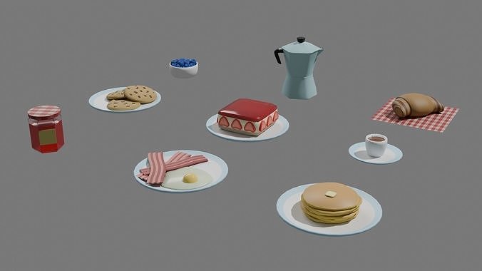 Lowpoly Breakfast set  3D 9 models Low-poly 3D model