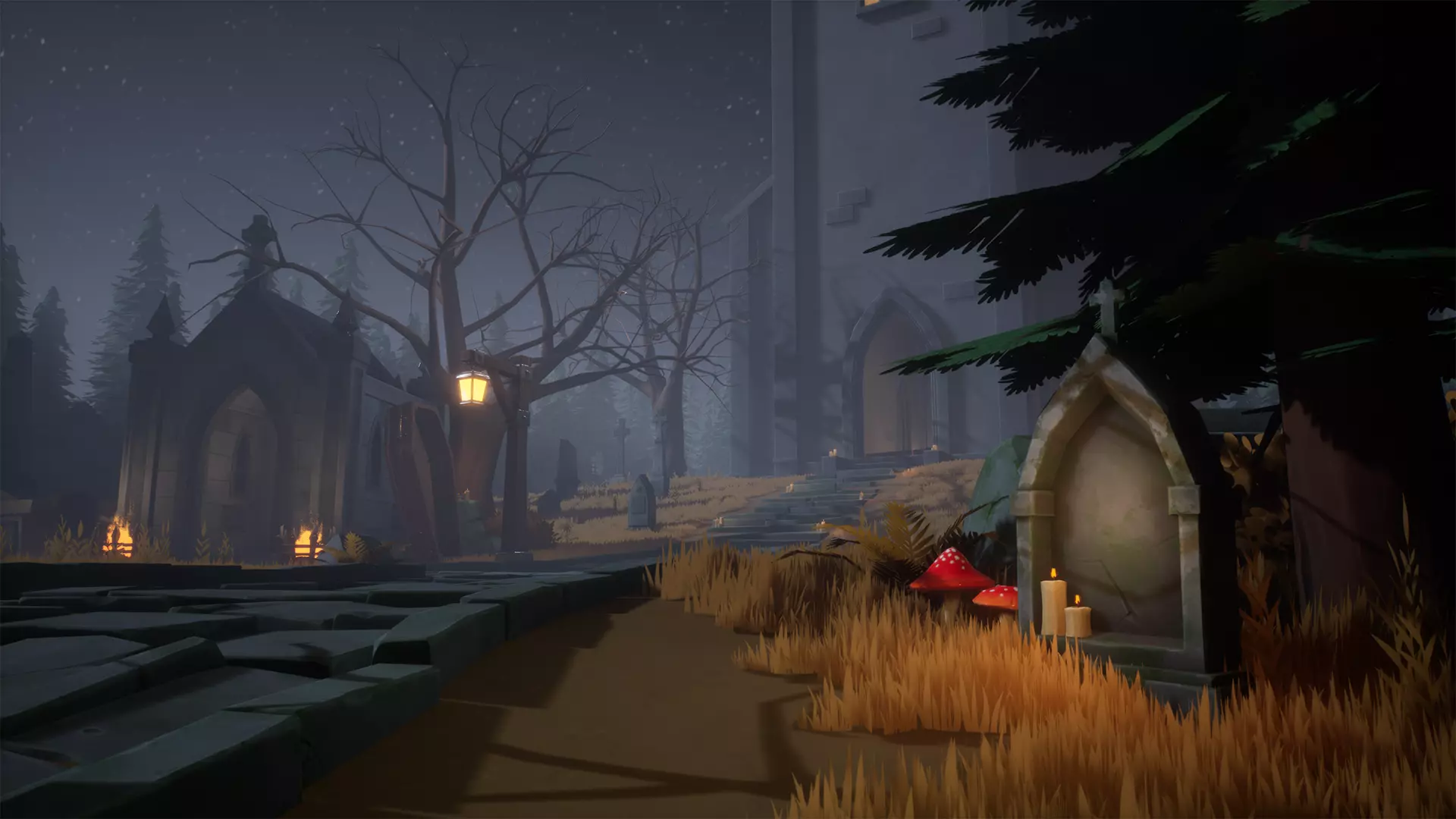 Stylized Graveyard with Church Low-poly 3D model