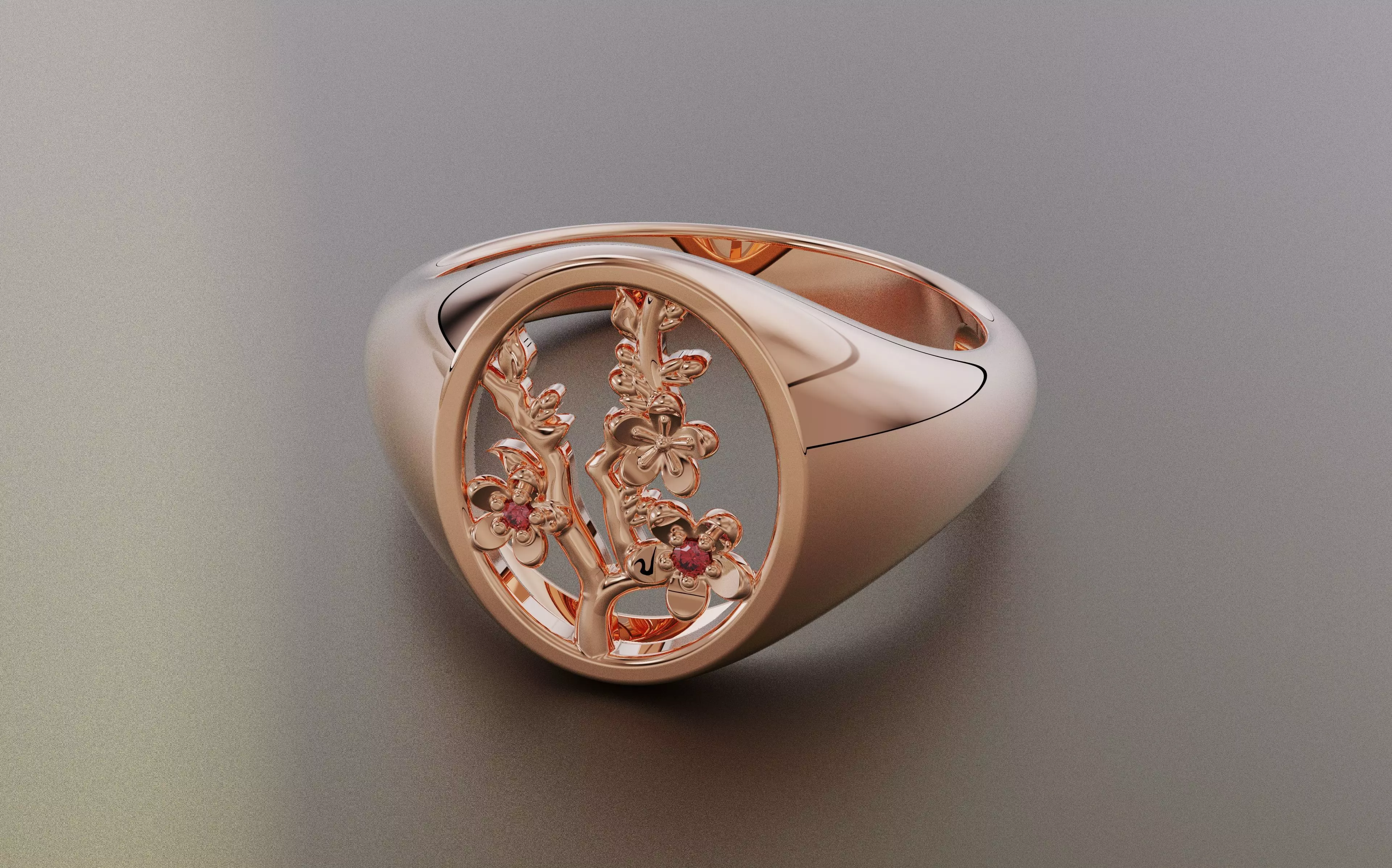 LADIES OVAL SIGNET RING WITH FLOWERS 3D print model