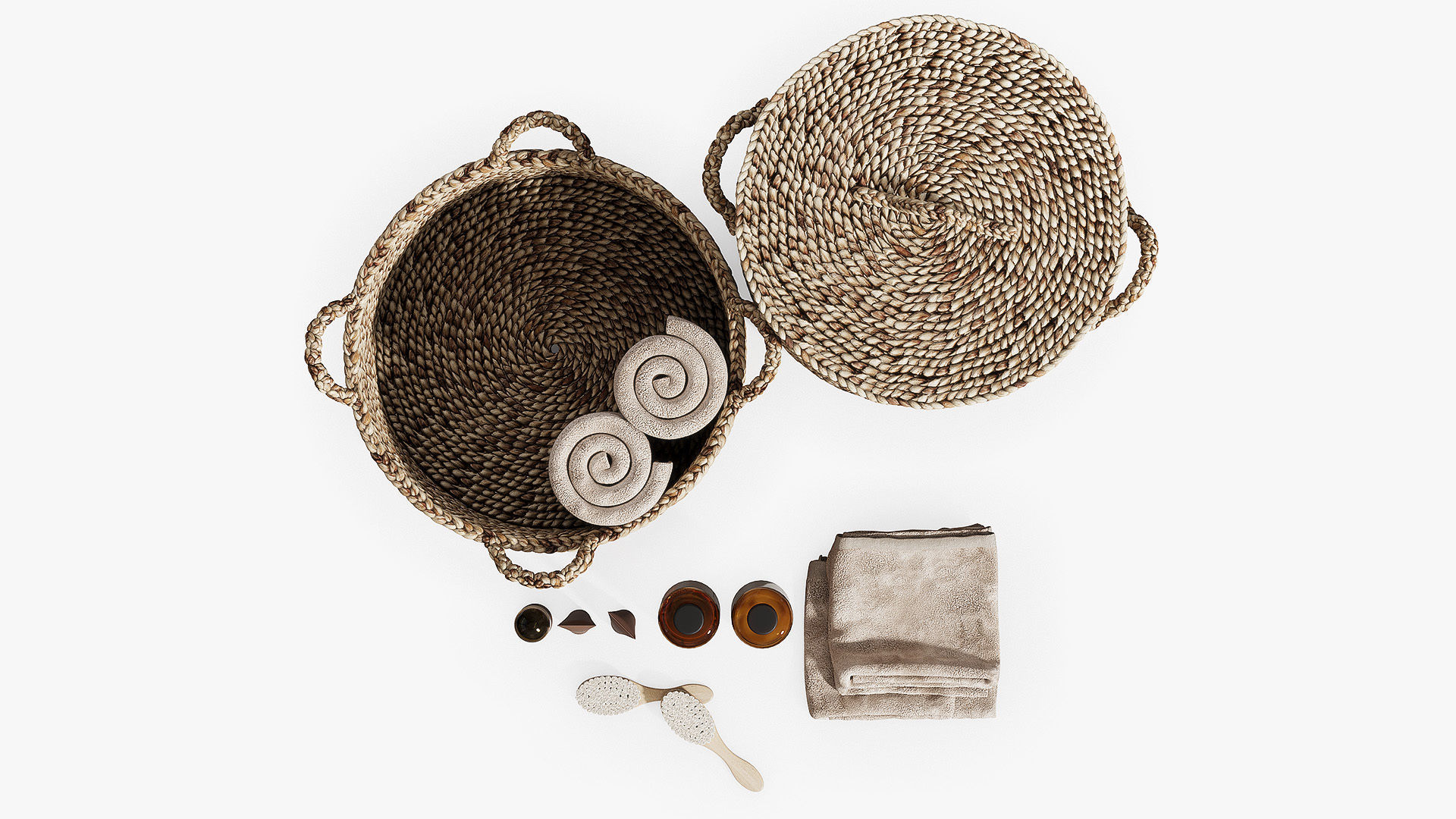 Bathroom set with baskets and skincare products 3D model_2