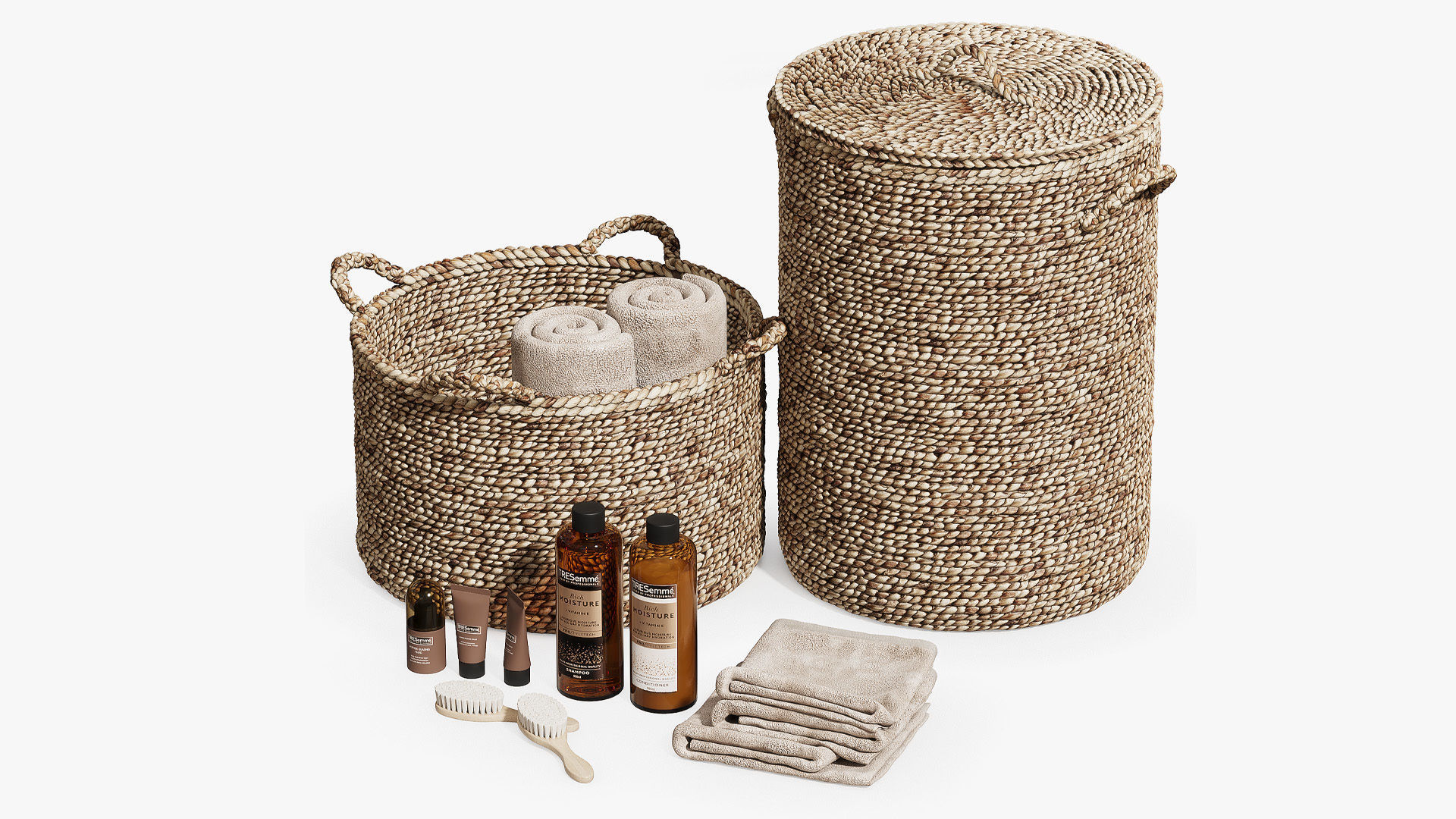Bathroom set with baskets and skincare products 3D model_1