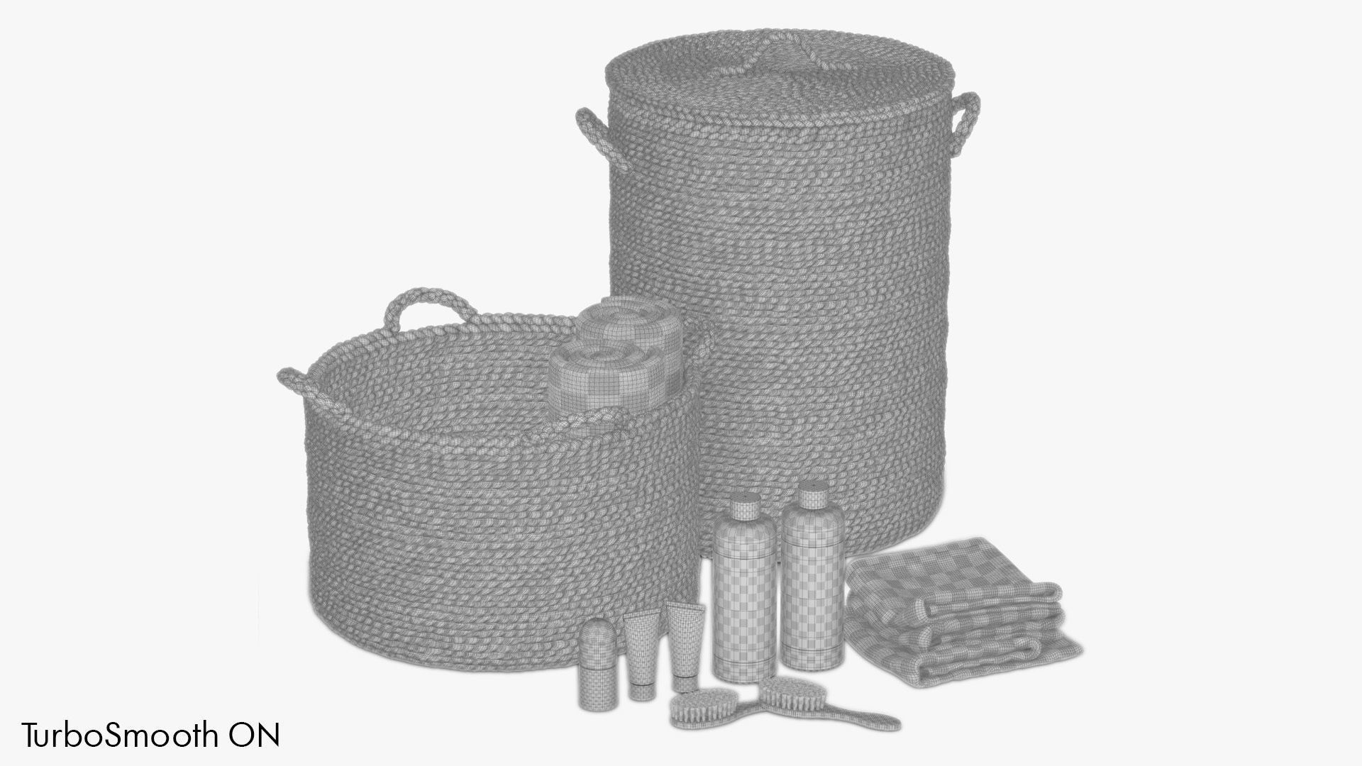 Bathroom set with baskets and skincare products 3D model_5