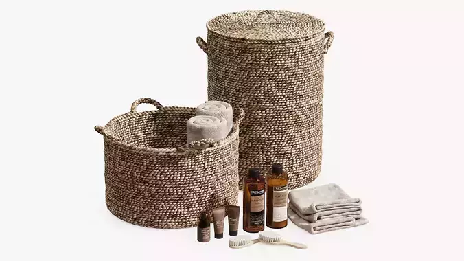 Bathroom set with baskets and skincare products 3D model
