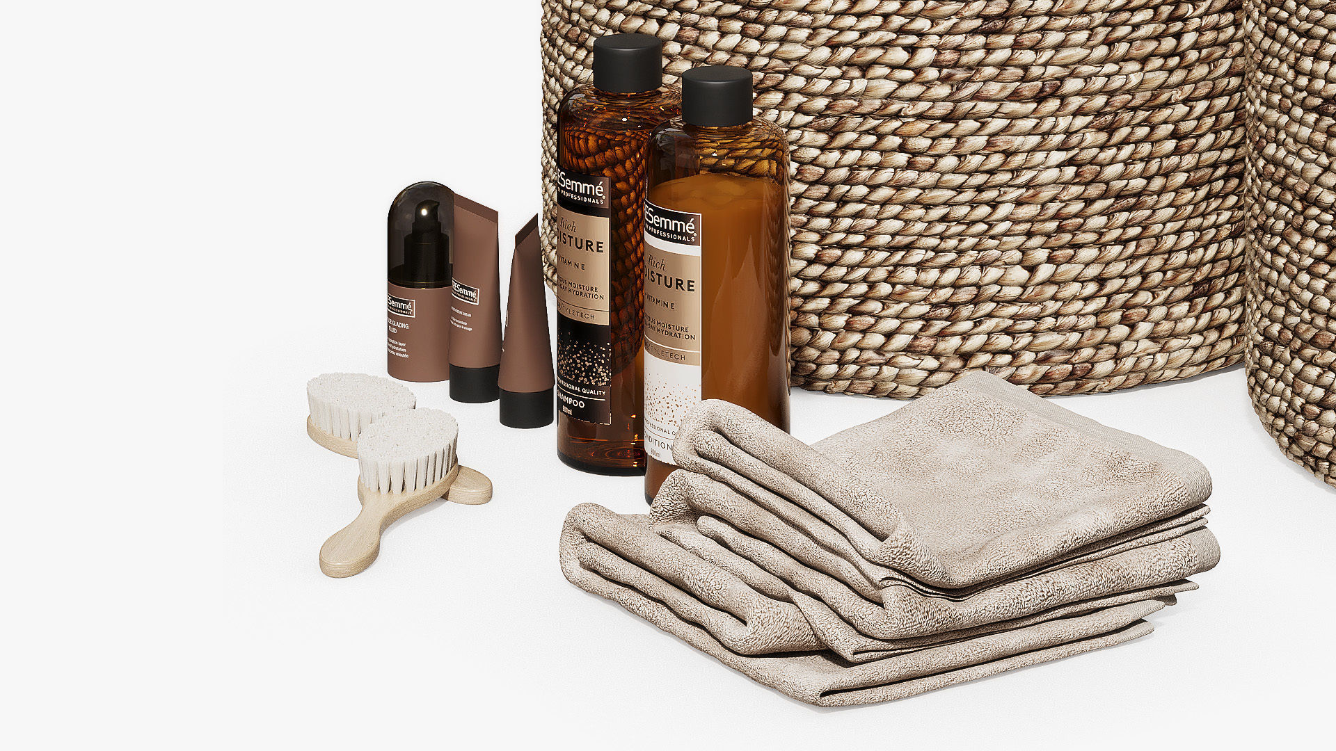Bathroom set with baskets and skincare products 3D model_3