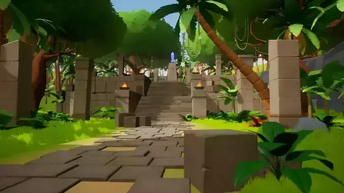 Stylized Tropical Island with Ruins Low-poly 3D model