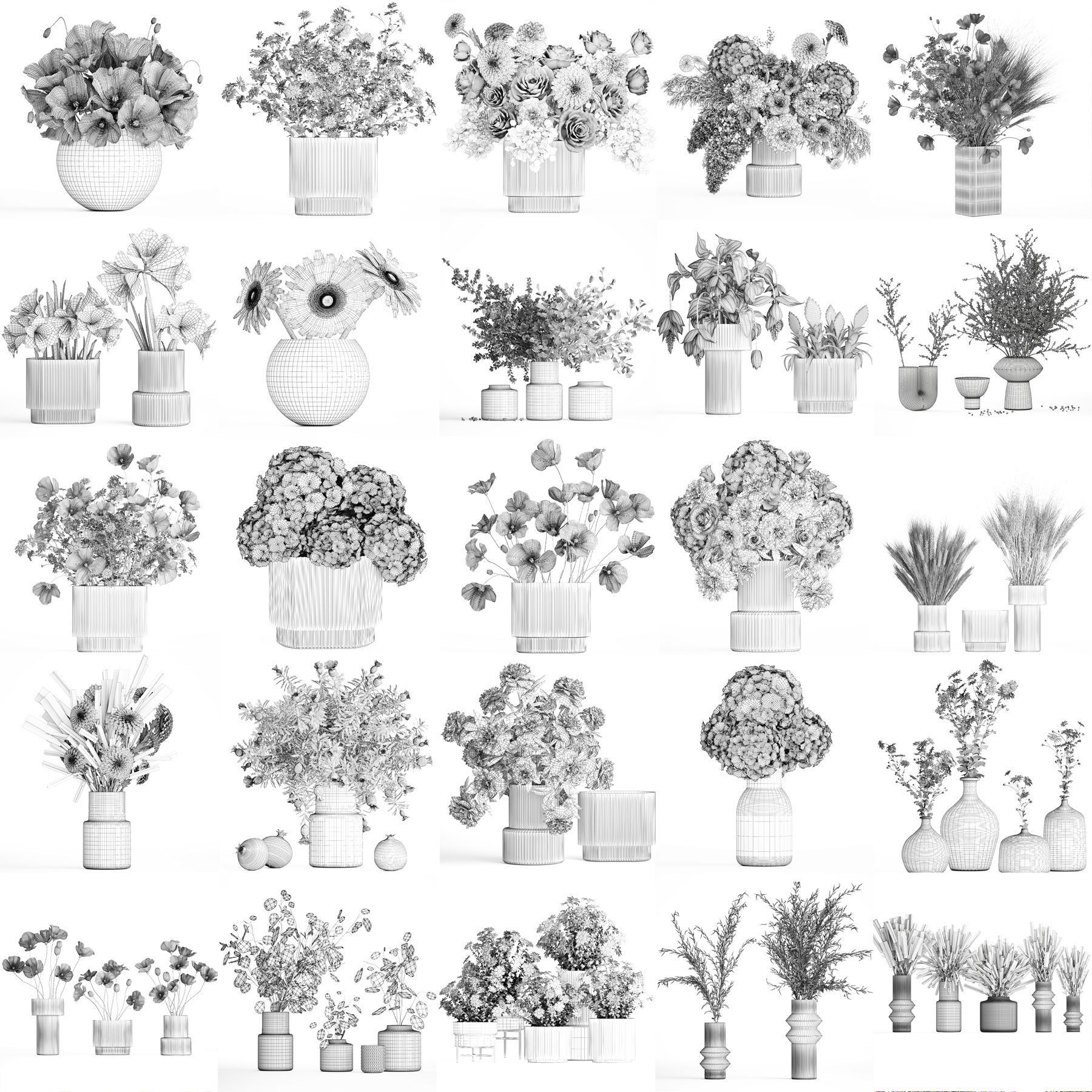 Collection of flower bouquets and vase set of 45 pieces 3D model_25