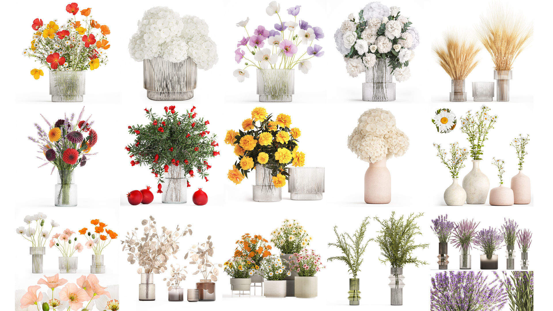 Collection of flower bouquets and vase set of 45 pieces 3D model_4