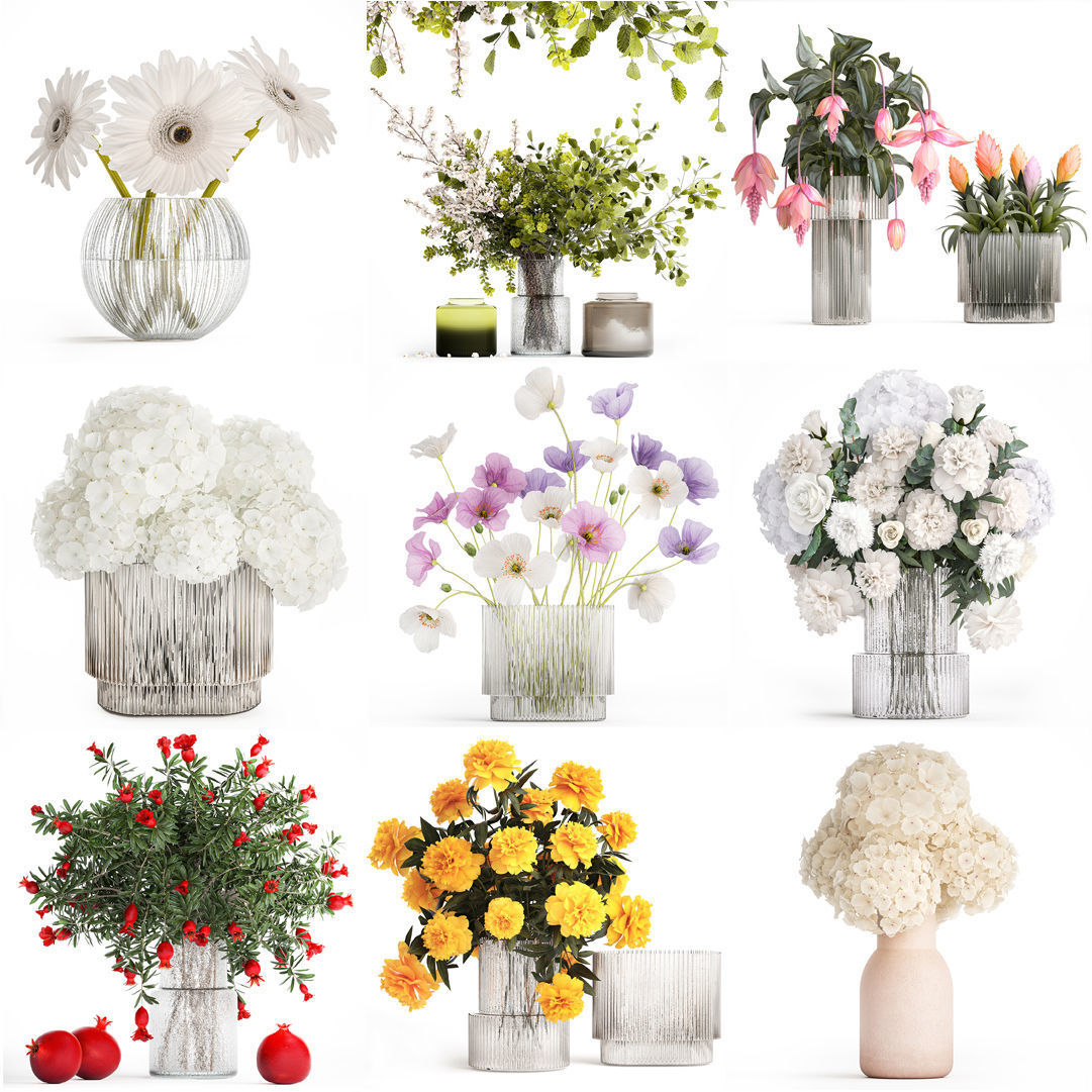 Collection of flower bouquets and vase set of 45 pieces 3D model_24