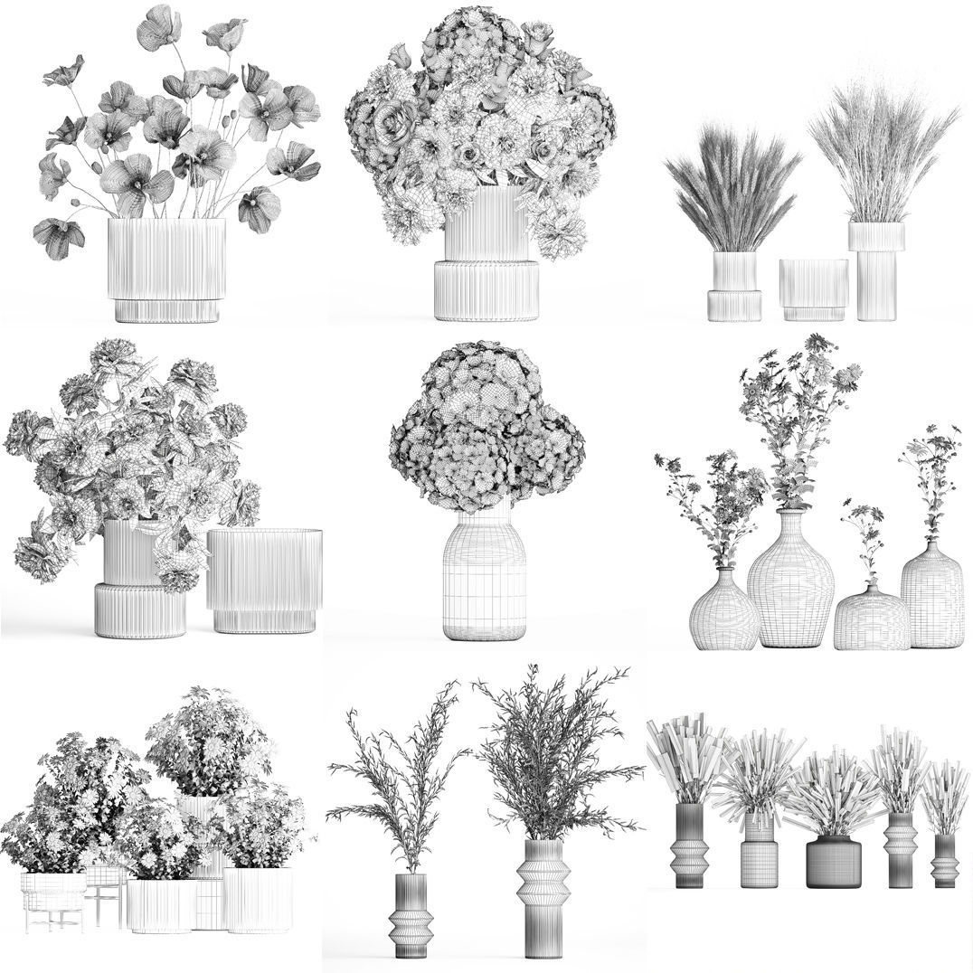 Collection of flower bouquets and vase set of 45 pieces 3D model_27