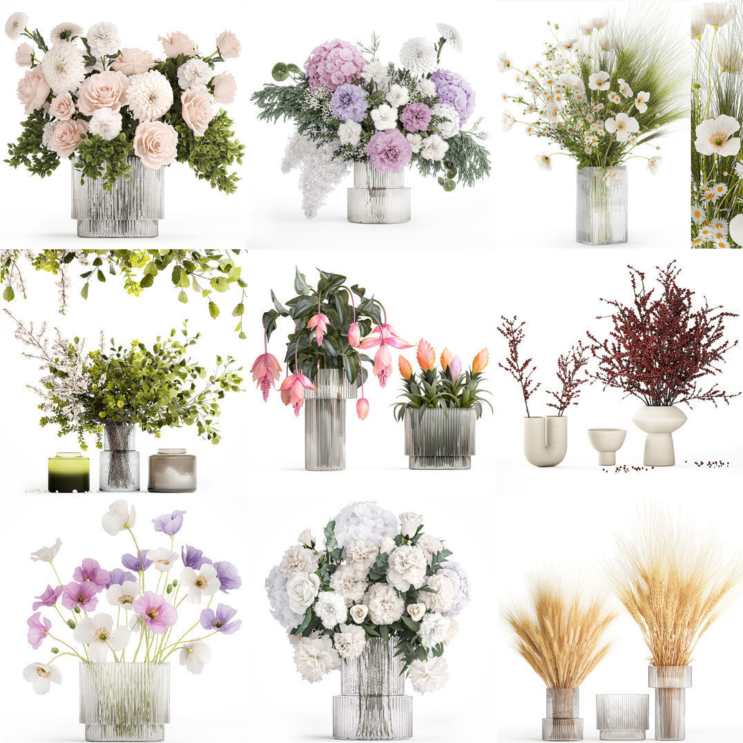 Collection of flower bouquets and vase set of 45 pieces 3D model_29
