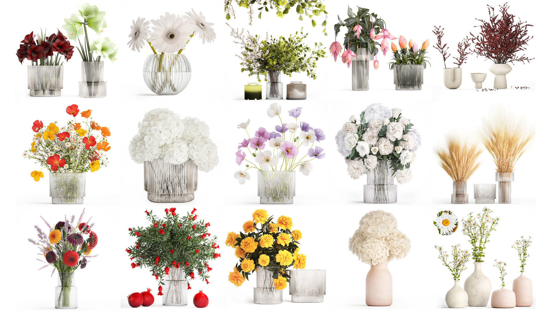 Collection of flower bouquets and vase set of 45 pieces 3D model_6