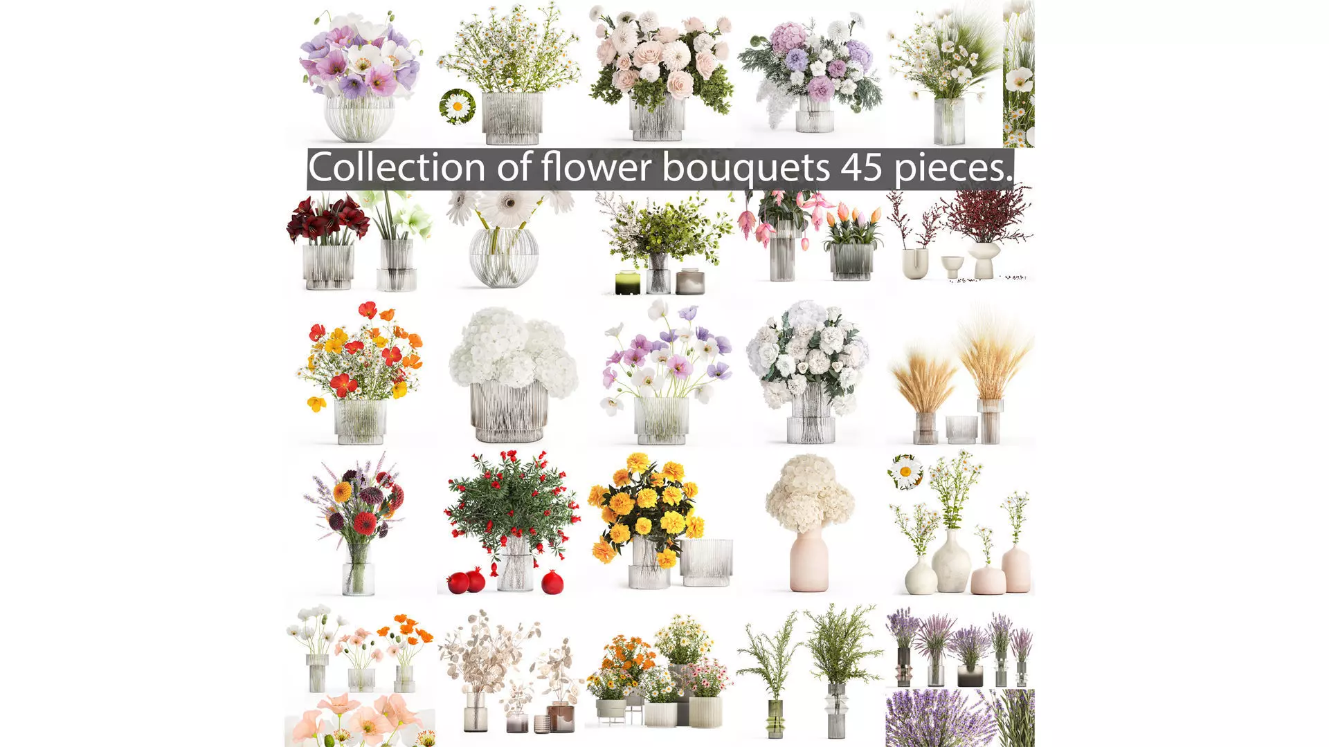 Collection of flower bouquets and vase set of 45 pieces 3D model_0