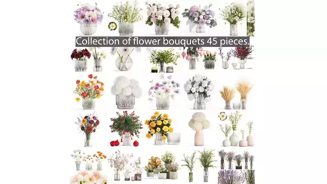 Collection of flower bouquets and vase set of 45 pieces