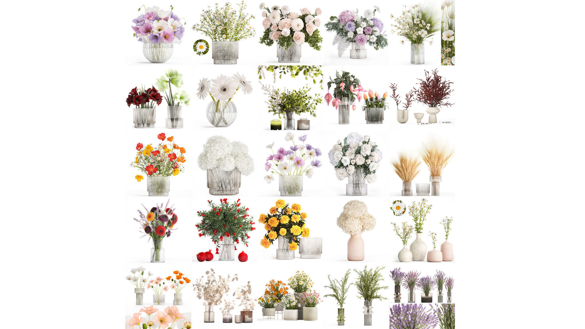 Collection of flower bouquets and vase set of 45 pieces 3D model_21