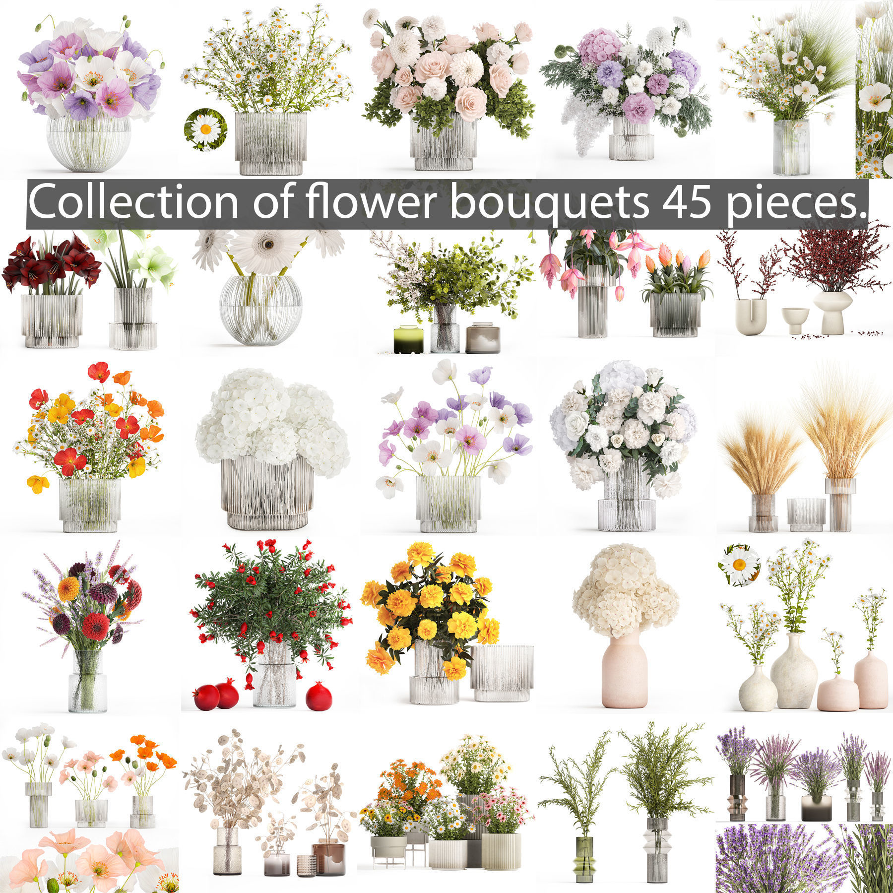 Collection of flower bouquets and vase set of 45 pieces 3D model_2