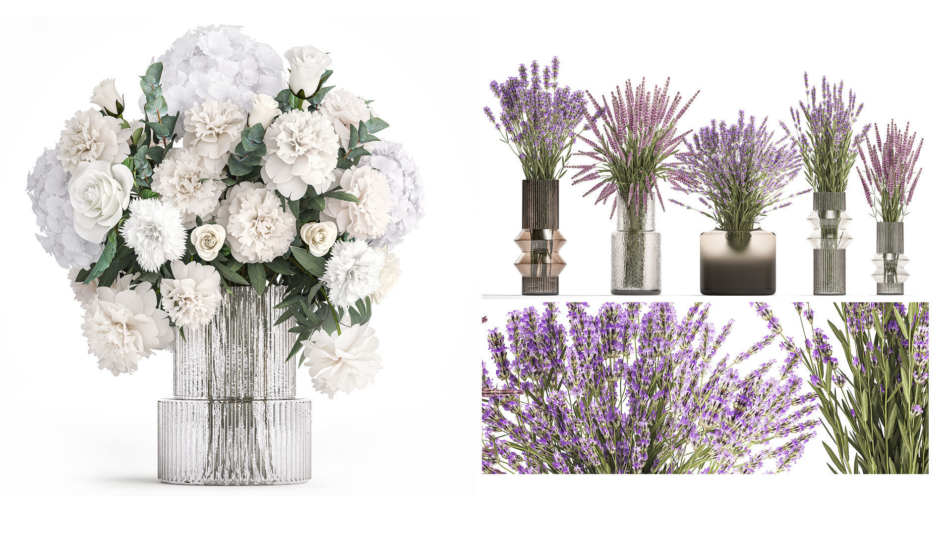 Collection of flower bouquets and vase set of 45 pieces 3D model_9